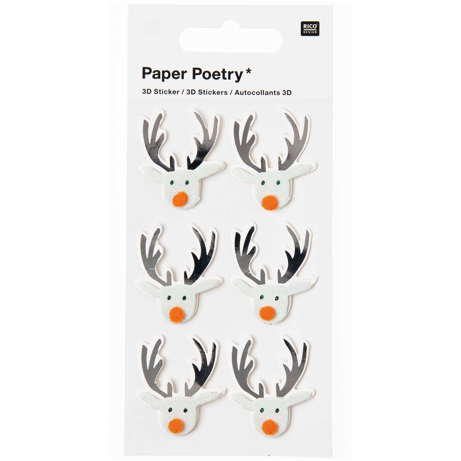 Paper Poetry 3D Sticker Rentier mint: Sechs Rentier-Sticker mit orangefarbener Nase und Geweih auf weißem Hintergrund. Ideal für kreative Projekte.