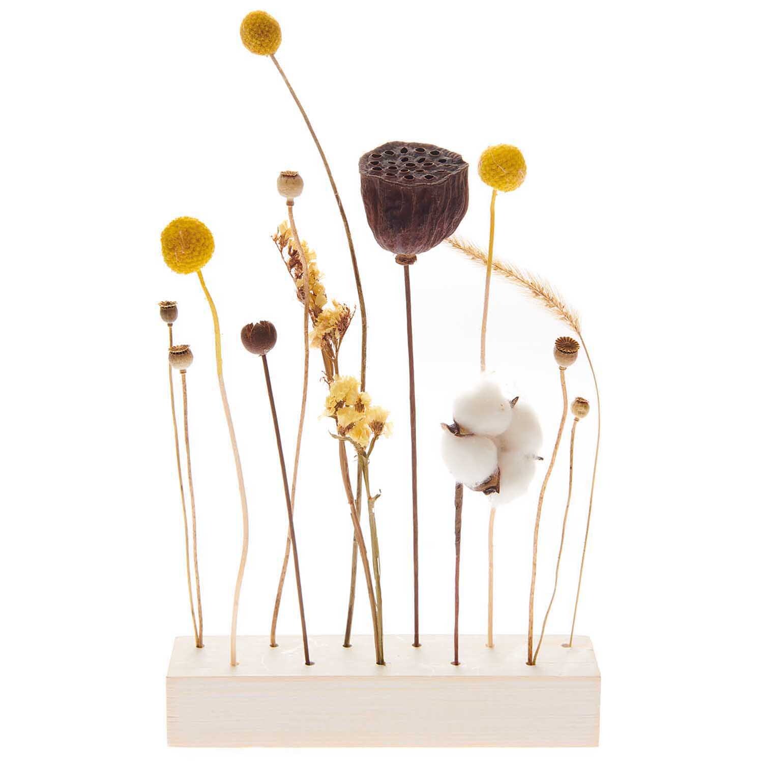 Trockenblumenstrauß natur-gelb 30cm 13-teilig von Rico Design Trockenblumenstrauß natur-gelb 30cm, 13-teilig, auf Holzständer, mit gelben und braunen Akzenten.