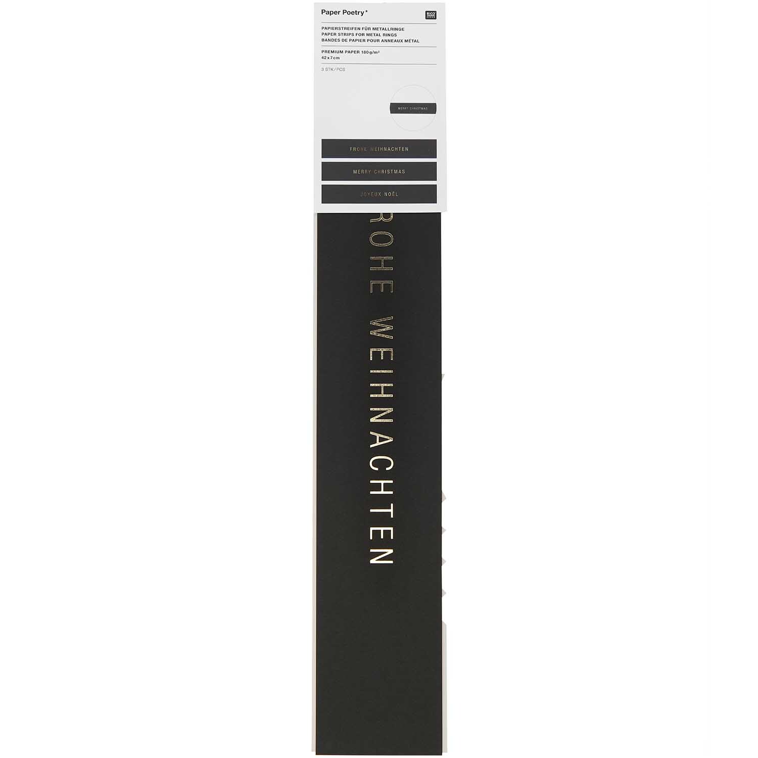Paper Poetry Papierstreifen weihnachtlich 7x42cm 3 Stück Farbe Schwarz von Rico Design Paper Poetry Papierstreifen weihnachtlich, 7x42cm, 3 Stück. Schwarze Streifen mit goldener Aufschrift "Frohe Weihnachten". Marke: Rico Design.
