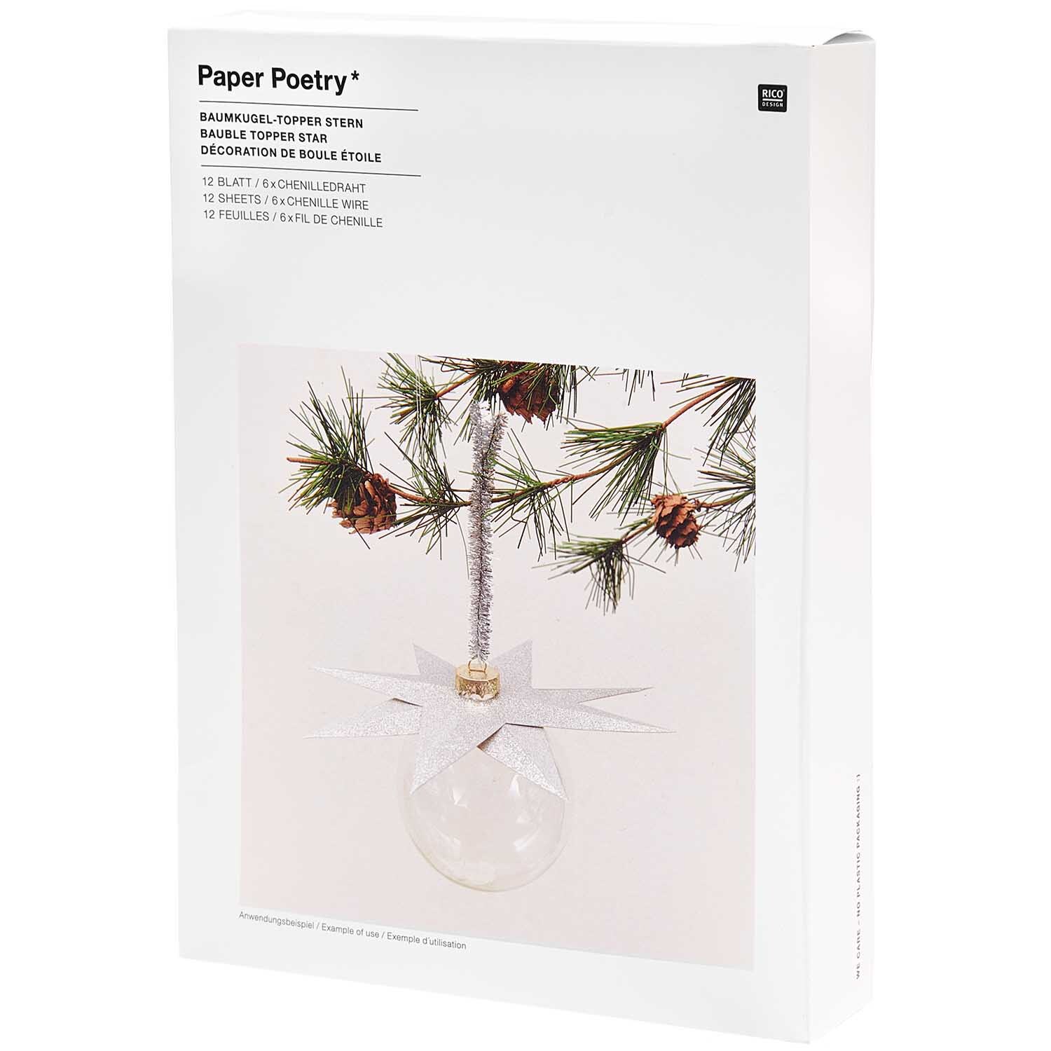 Paper Poetry Christbaumkugel-Topper Stern in Silber, 6 Stück, dekoriert einen Tannenzweig mit eleganten, funkelnden Details. Ideal für festliche Anlässe.