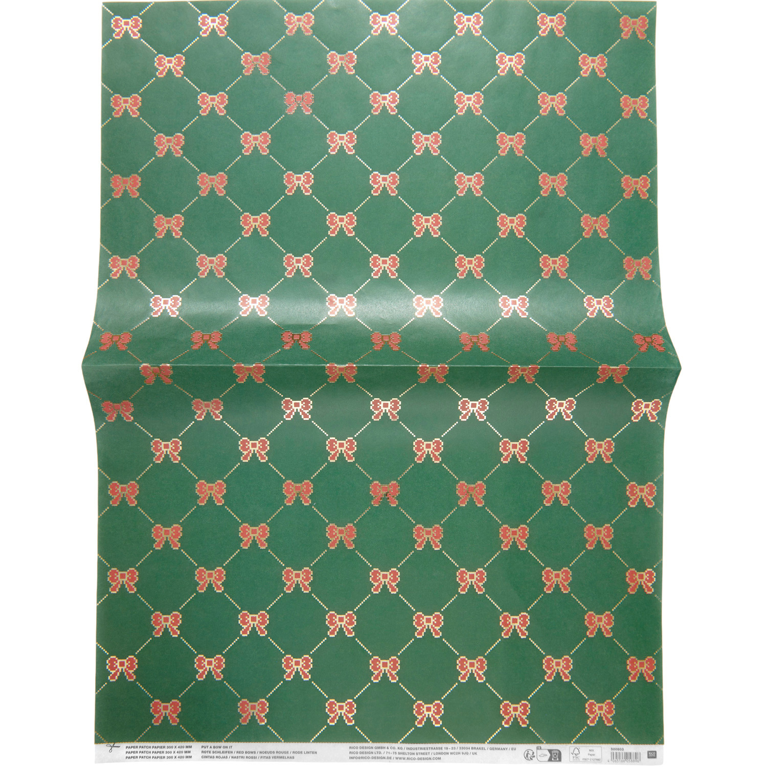 Paper Patch Schleifen Grün: Geschenkpapier mit roten Schleifen auf grünem Hintergrund, 30x42cm, von Rico Design.
