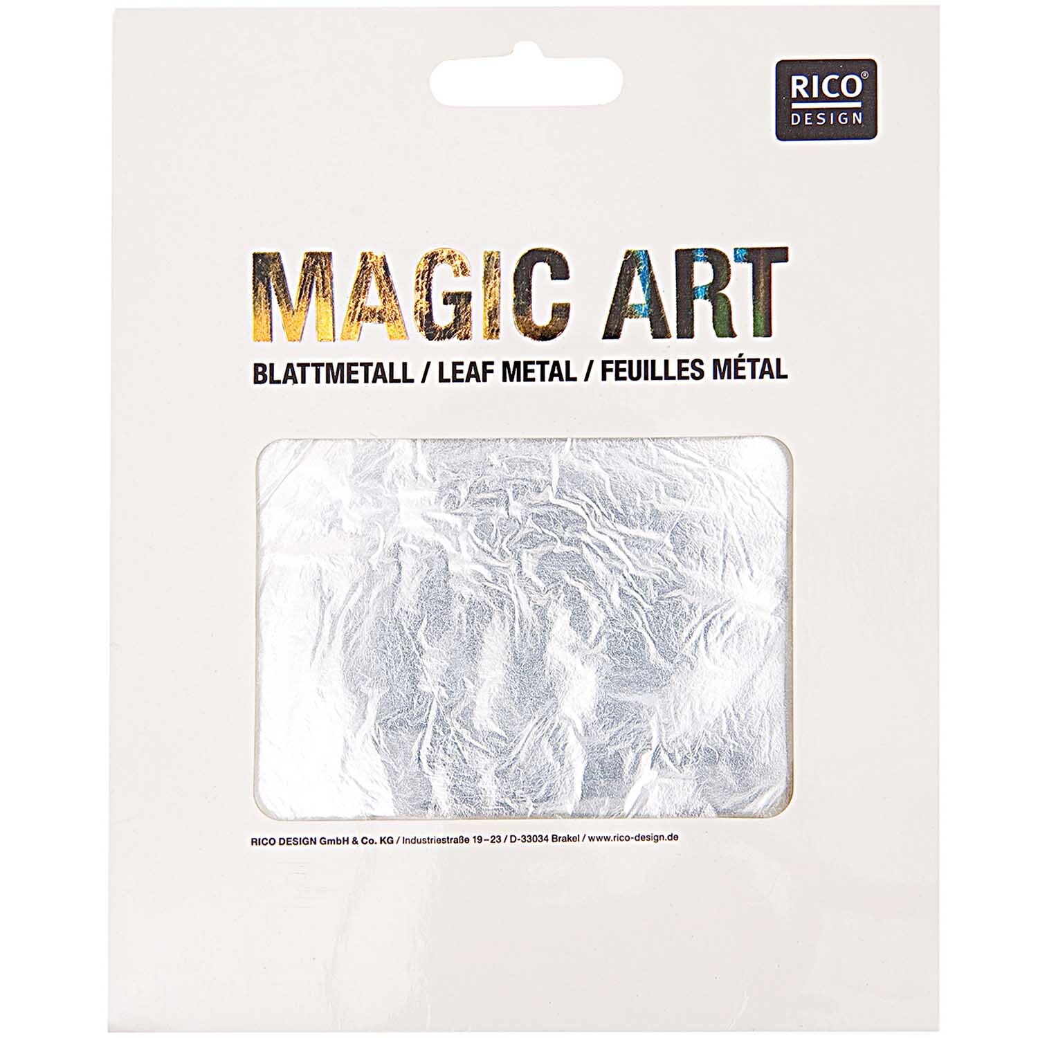Magic Art Blattmetall 25 Blatt Farbe Silber von Rico Design Magic Art Blattmetall 25 Blatt von Rico Design in Silber, präsentiert in einer Verpackung.