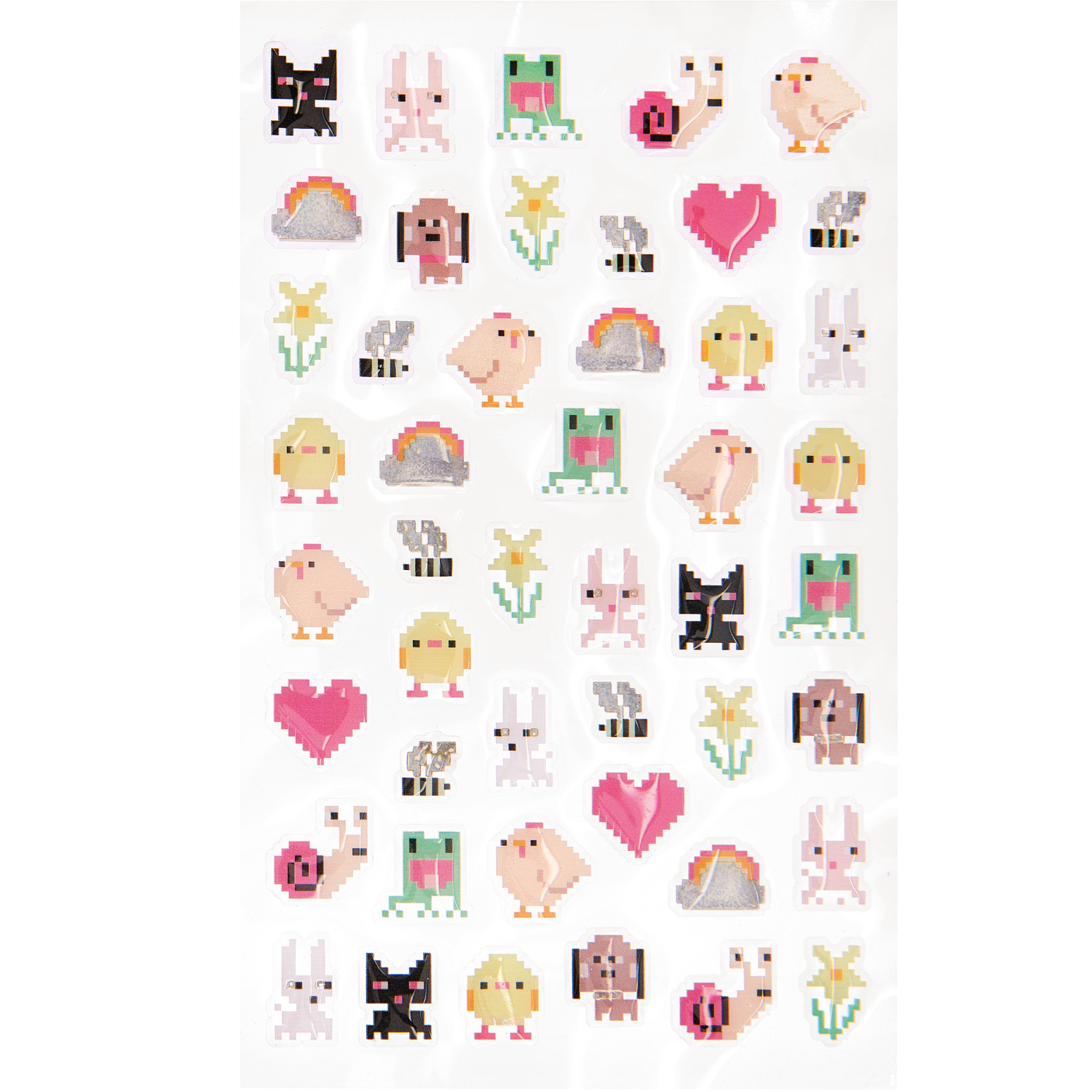 Paper Poetry Gelsticker Pixel mit bunten Tier- und Herzmotiven auf einem Blatt von Rico Design.