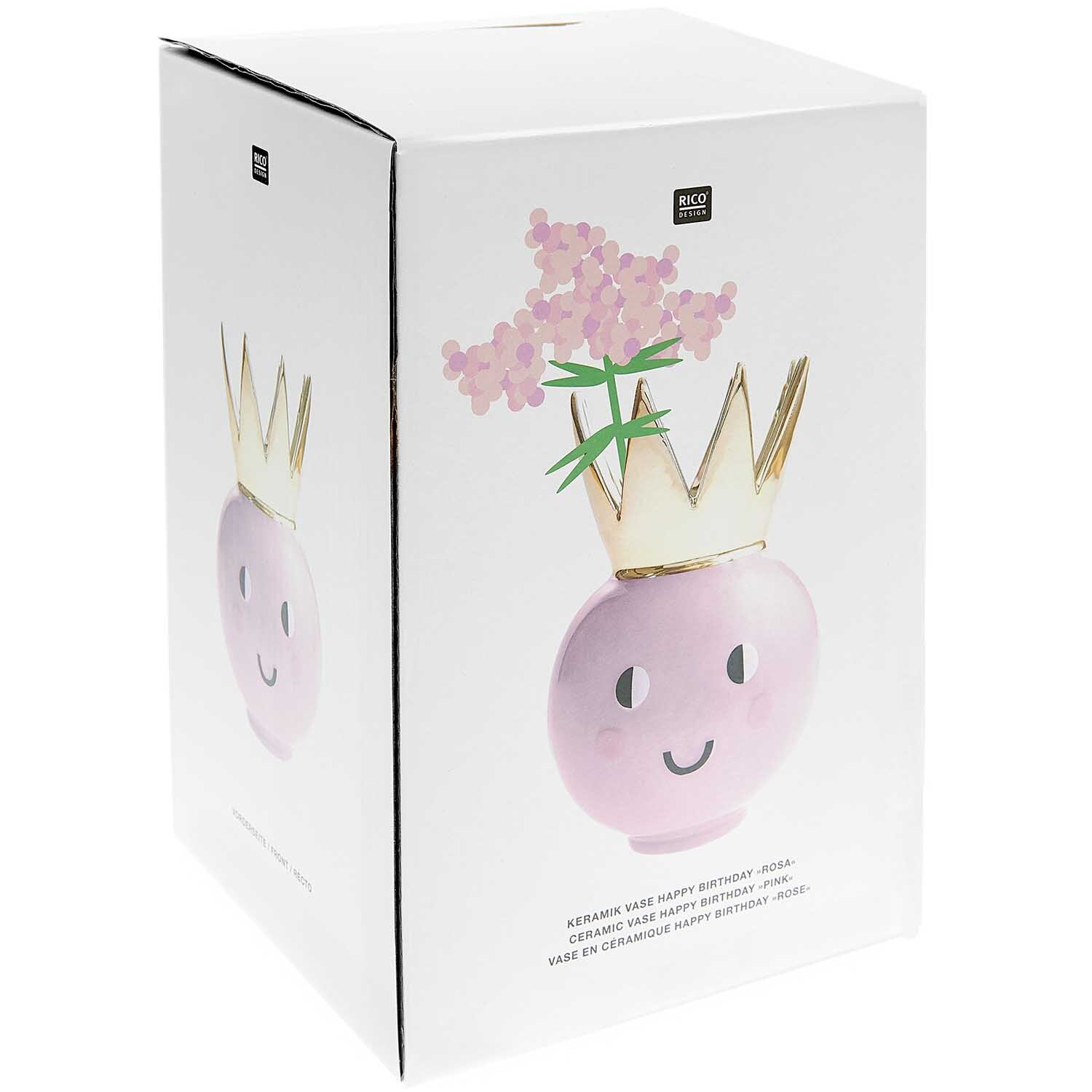 Keramik Vase Krone Ø15cm H22,8cm Farbe Rosa von Rico Design Keramik Vase Krone Ø15cm H22,8cm von Rico Design in Rosa mit goldener Krone und Blumenmotiv.