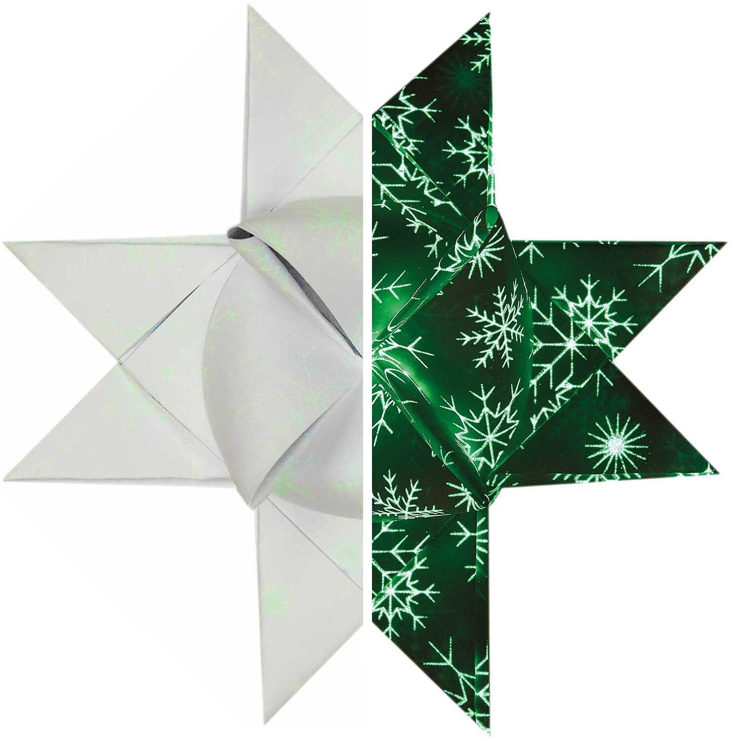 Paper Poetry Fröbelstreifen nachtleuchtend zeigt einen gefalteten Stern in Weiß und Grün mit Schneeflockenmuster. Ideal für kreative Bastelprojekte.