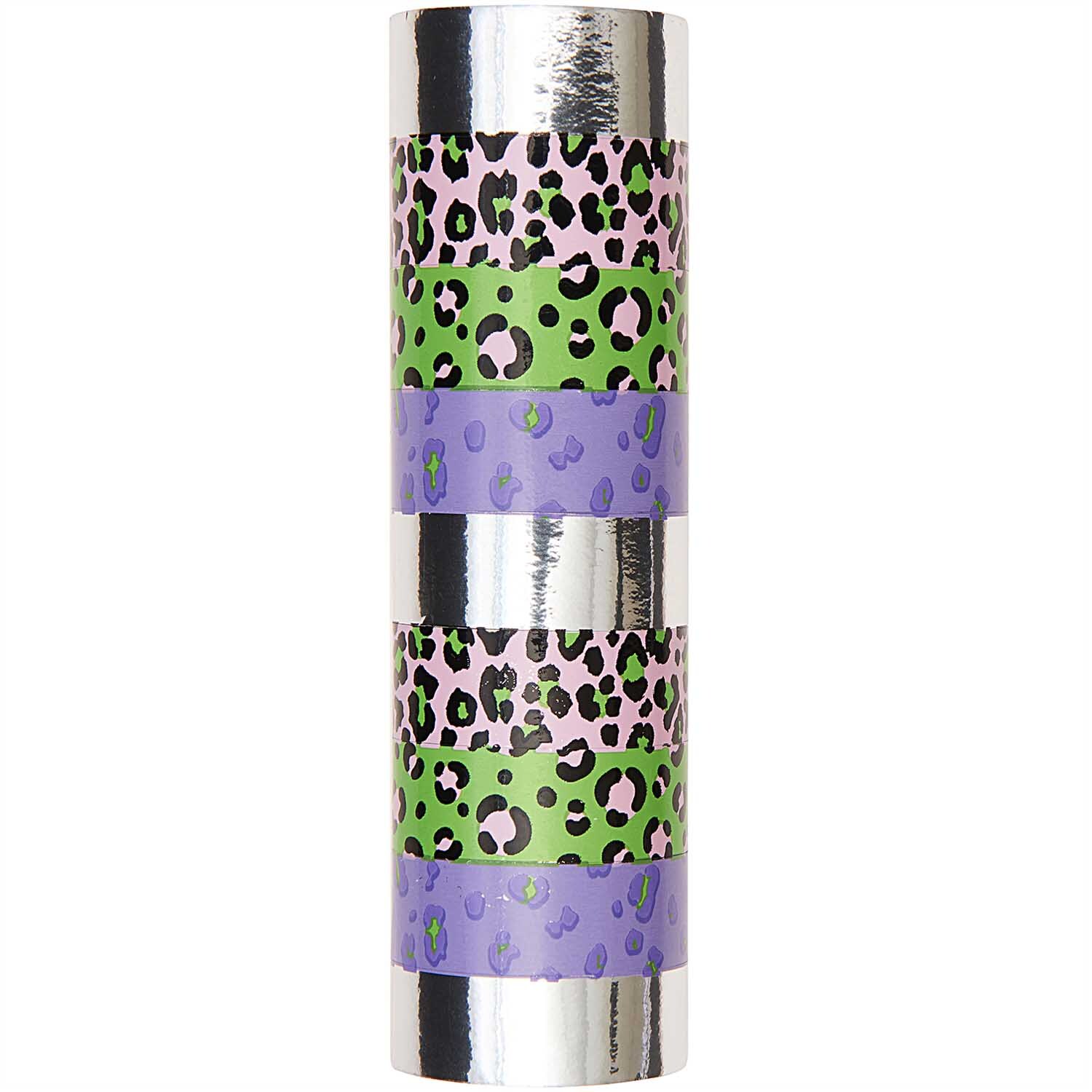 Luftschlangen Acid Leo silber 3,8m mit buntem Leopardenmuster in Grün, Lila und Rosa von Rico Design.