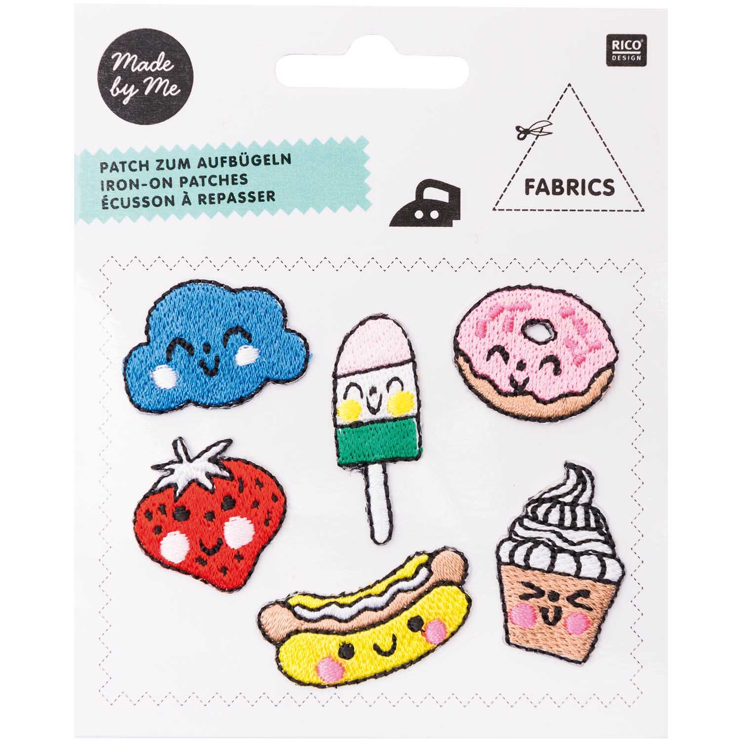 Patches fröhliche Gesichter 6 Stück zum Aufbügeln zeigen bunte Motive wie Wolke, Erdbeere und Eis. Ideal für kreative Textilprojekte.