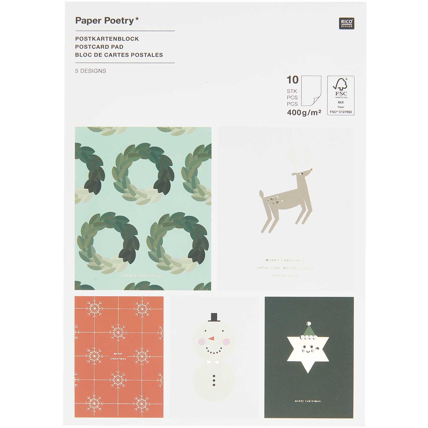 Paper Poetry Postkartenblock I love Christmas 10 Stück mit festlichen Designs wie Kränzen, Rentier, Schneemann und Stern, ideal für Weihnachtsgrüße.