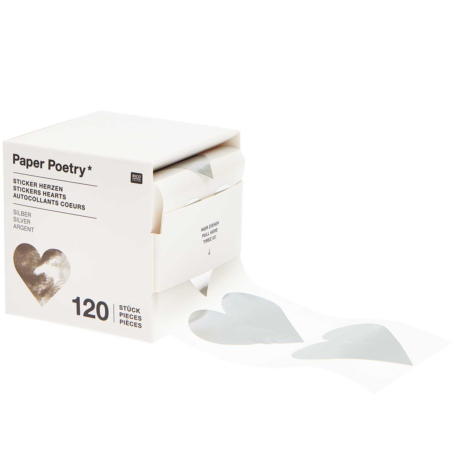 Paper Poetry Sticker Herzen 5cm 120 Stück auf der Rolle Hot Foil Farbe Silber von Rico Design Paper Poetry Sticker Herzen auf Rolle, 120 Stück, silberne Herzsticker in eleganter Verpackung. Ideal für kreative Projekte und Dekorationen.