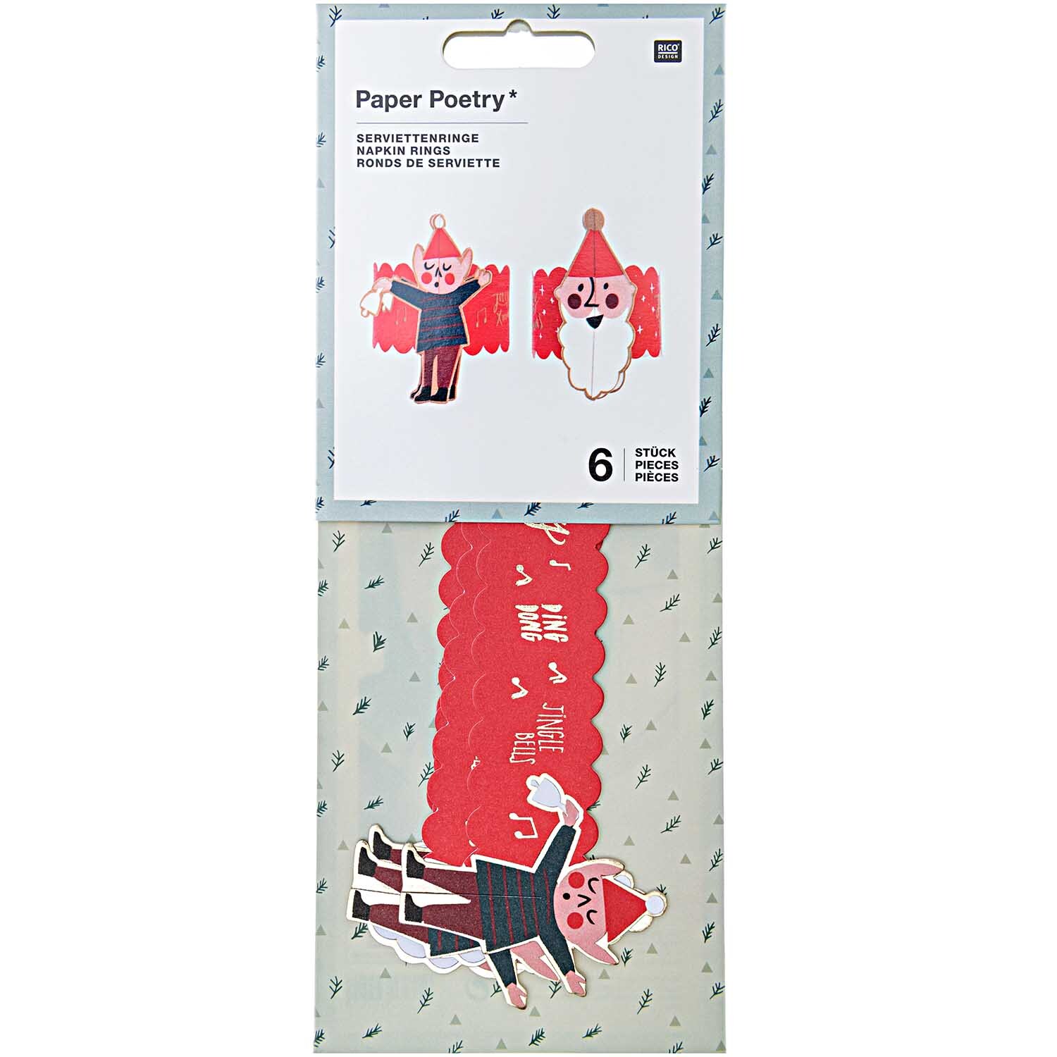 Paper Poetry Serviettenringe Jolly Christmas Classic mit weihnachtlichen Motiven von Rico Design, 6 Stück in festlichem Design.