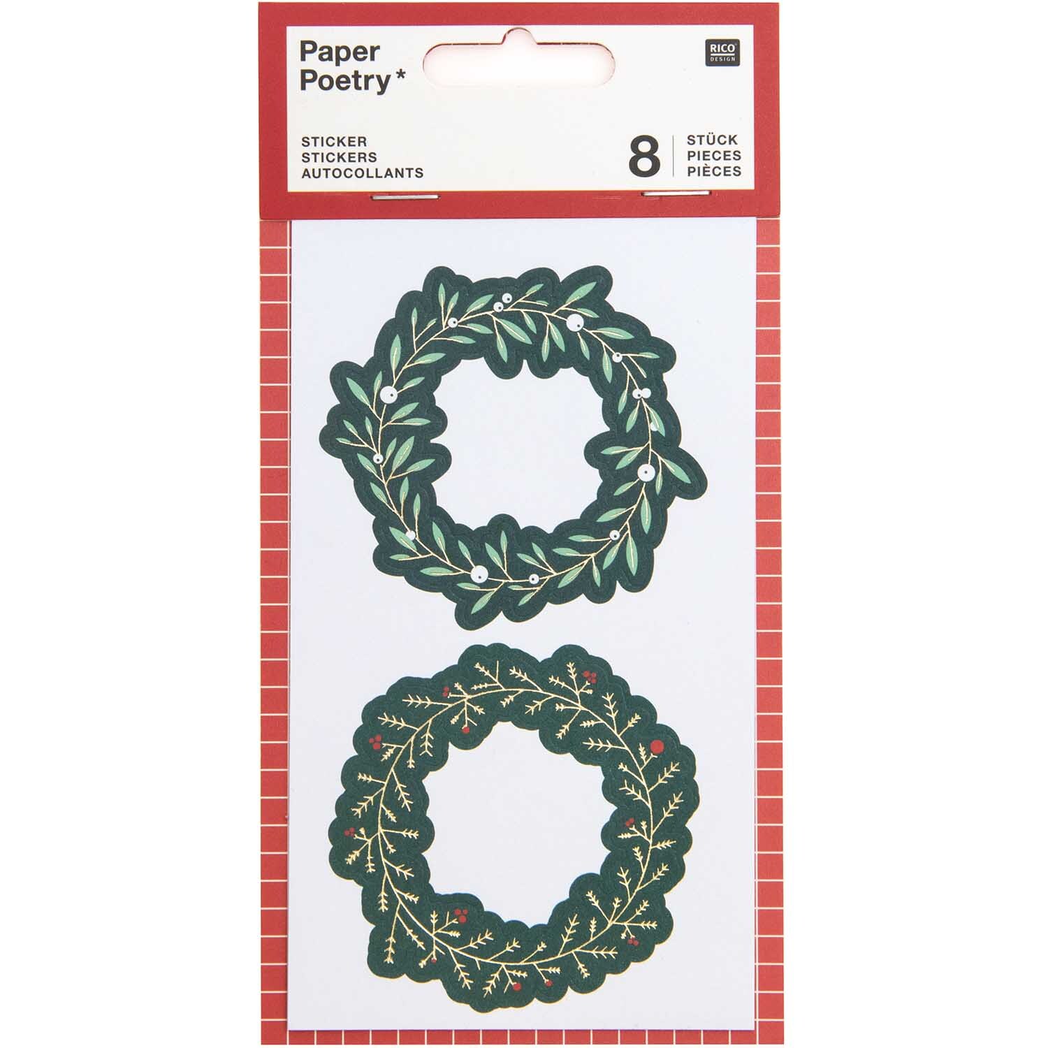 Paper Poetry Sticker Kränze 4 Blatt: Zwei grüne Kranzsticker von Rico Design auf rotem Hintergrund.