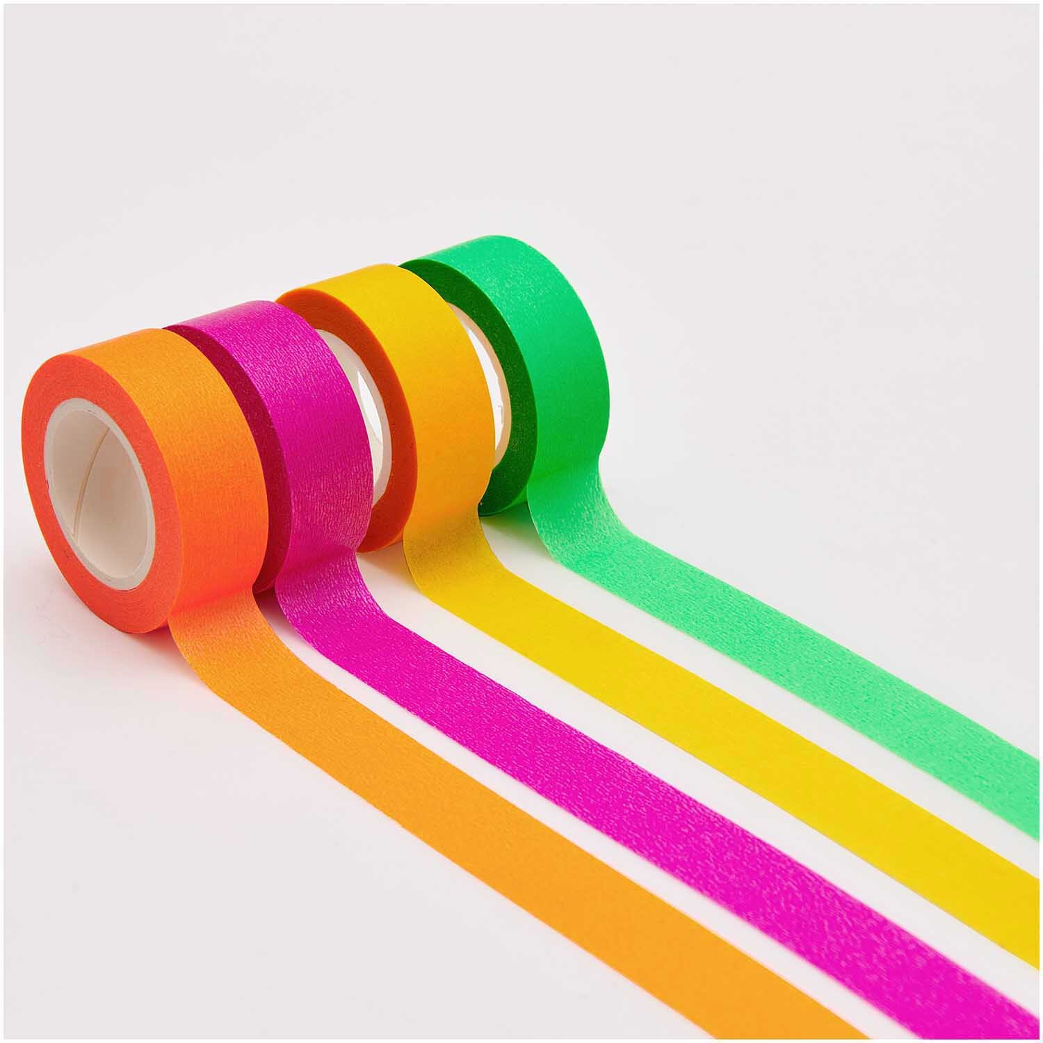 Paper Poetry Tape Set Neon klassisch 15mm 10m 4-teilig von Rico Design Paper Poetry Tape Set Neon klassisch 15mm 10m, 4-teilig, zeigt bunte Klebebänder in Orange, Pink, Grün und Gelb auf weißem Hintergrund.