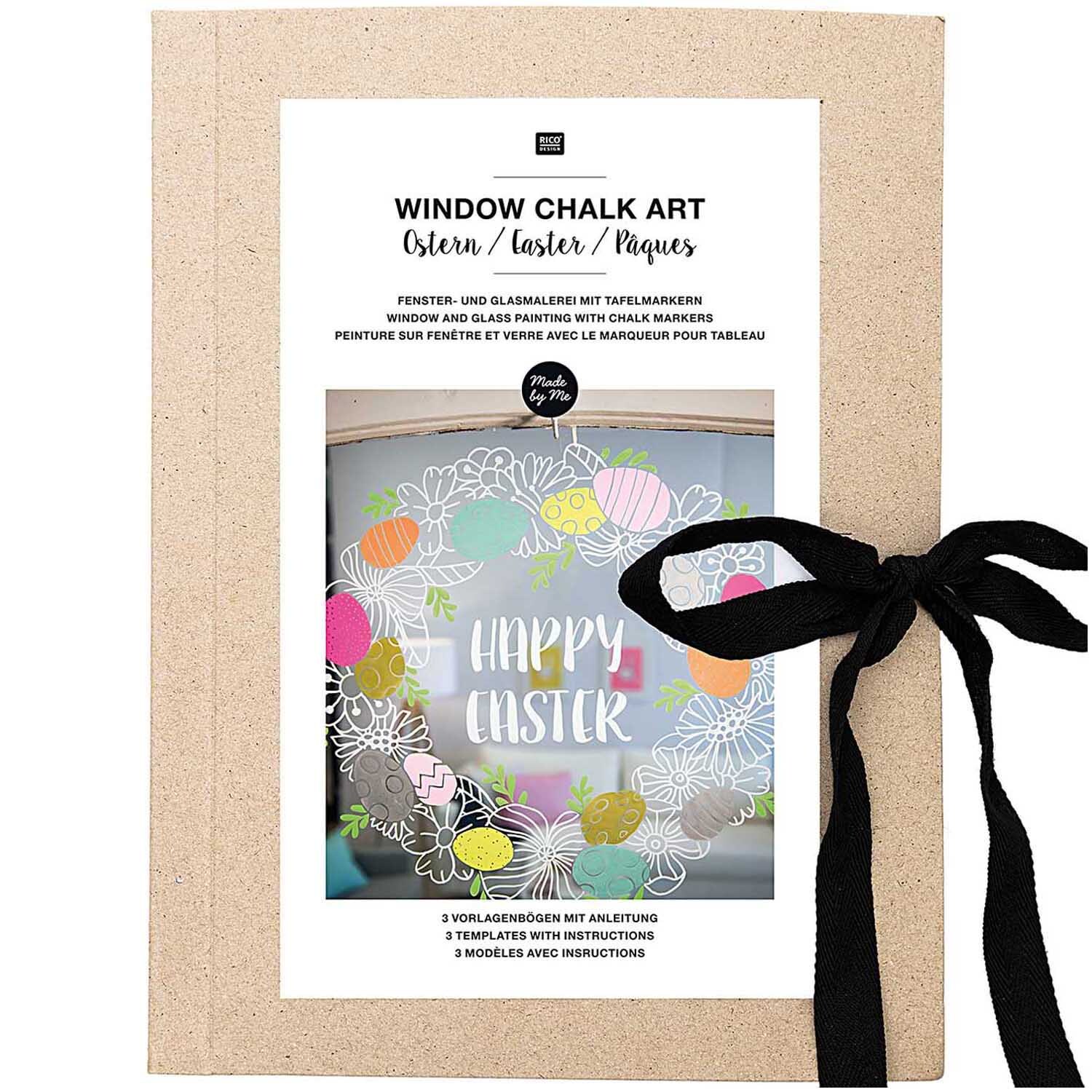 Vorlagenmappe für Fenster- und Glasmalerei mit Kreidestiften, dekoriert mit bunten Ostereiern und Blumen, von Rico Design.