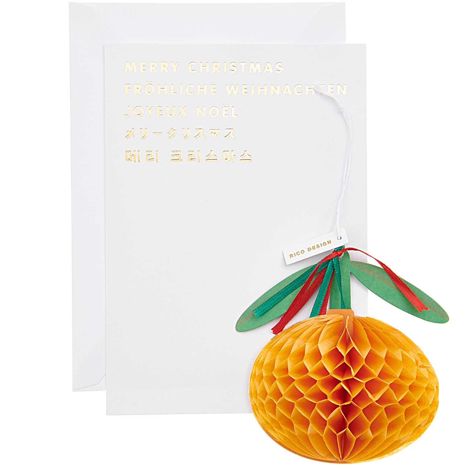 Paper Poetry Kartenset mit Pop-Up Anhänger in Orange von Rico Design. Zeigt eine Weihnachtskarte mit dekorativem Anhänger in Form einer Orange.