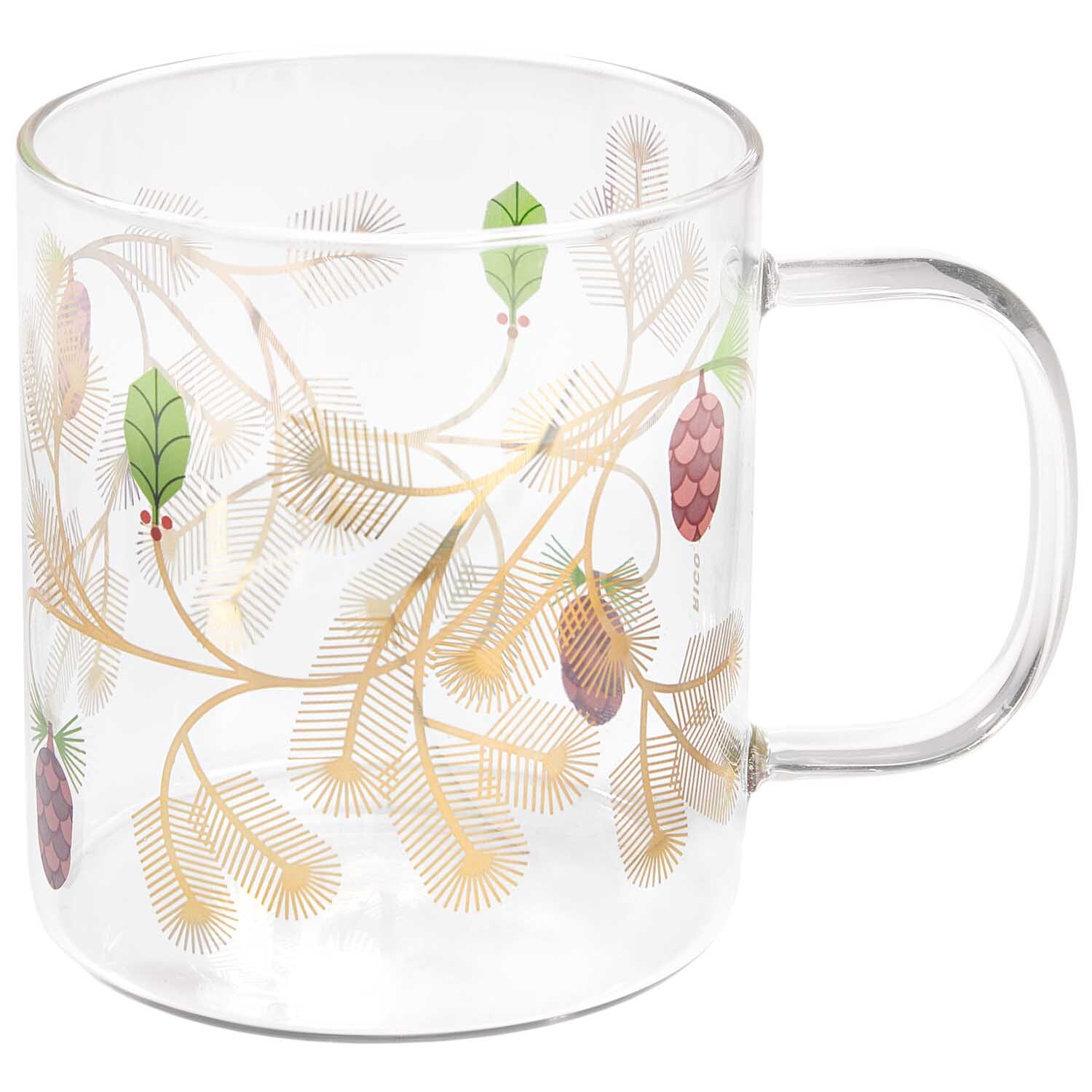 Glastasse Tannenzweig Ø8,5cm von Rico Design mit transparentem Design und Tannenzweig-Muster. Ideal für winterliche Getränke.