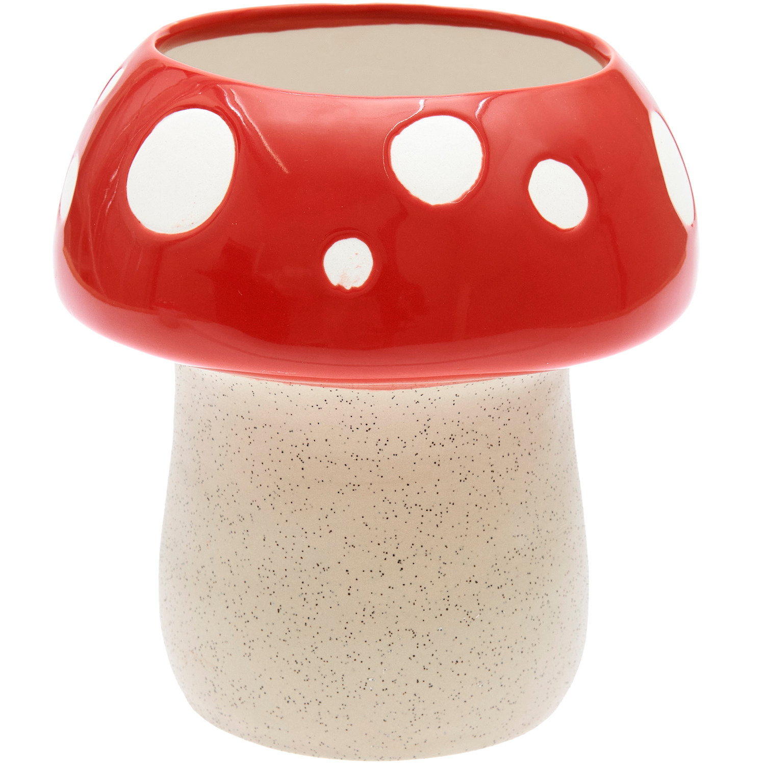 Keramik Vase Fliegenpilz in Pilzform mit rotem, gepunktetem Hut, Ø14,5x15cm, von Rico Design.