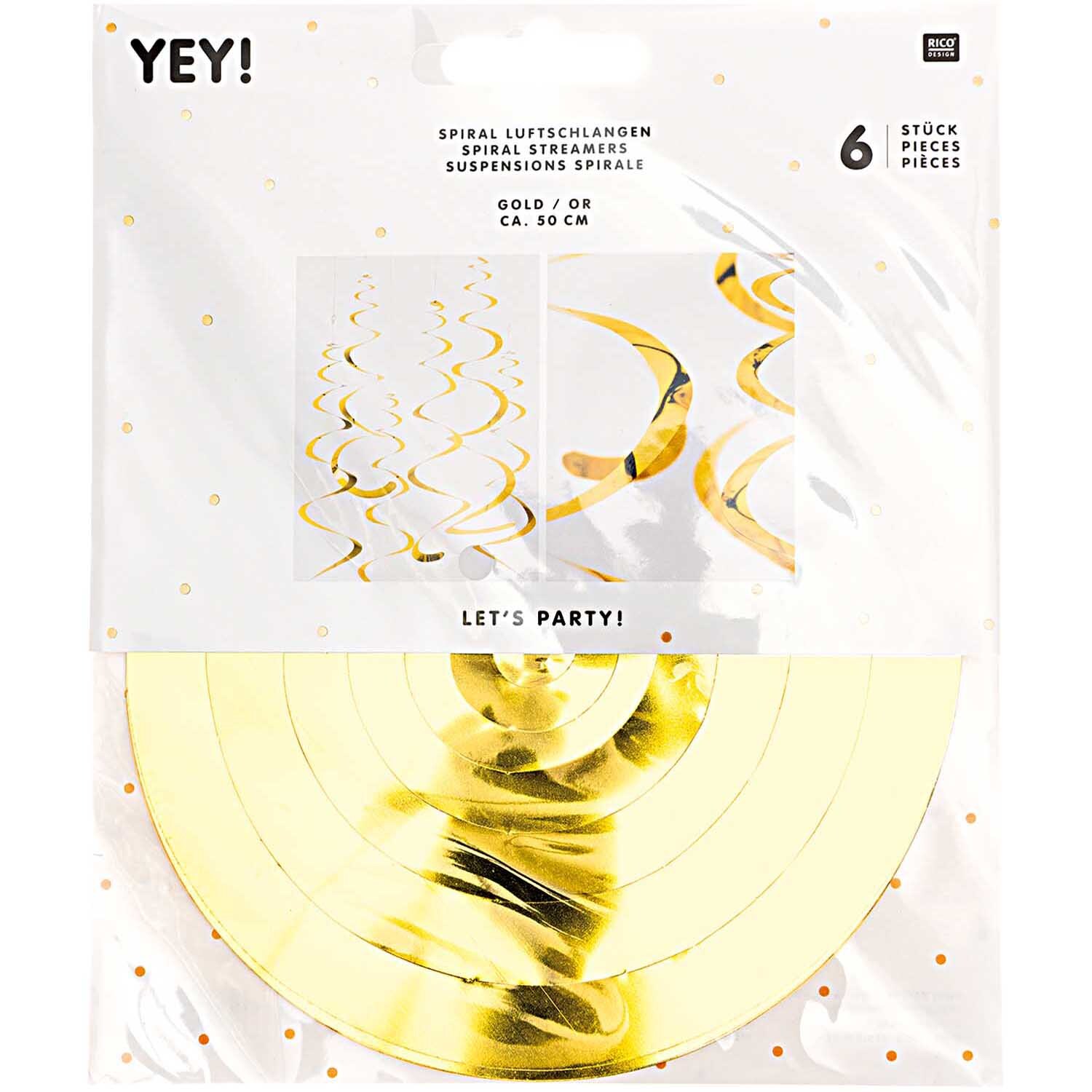 Spiral streamers 50cm 6 pieces colour Gold from Rico Design Spiralluftschlangen 50cm 6 Stück: Goldene Dekoration von Rico Design, ideal für Partys.