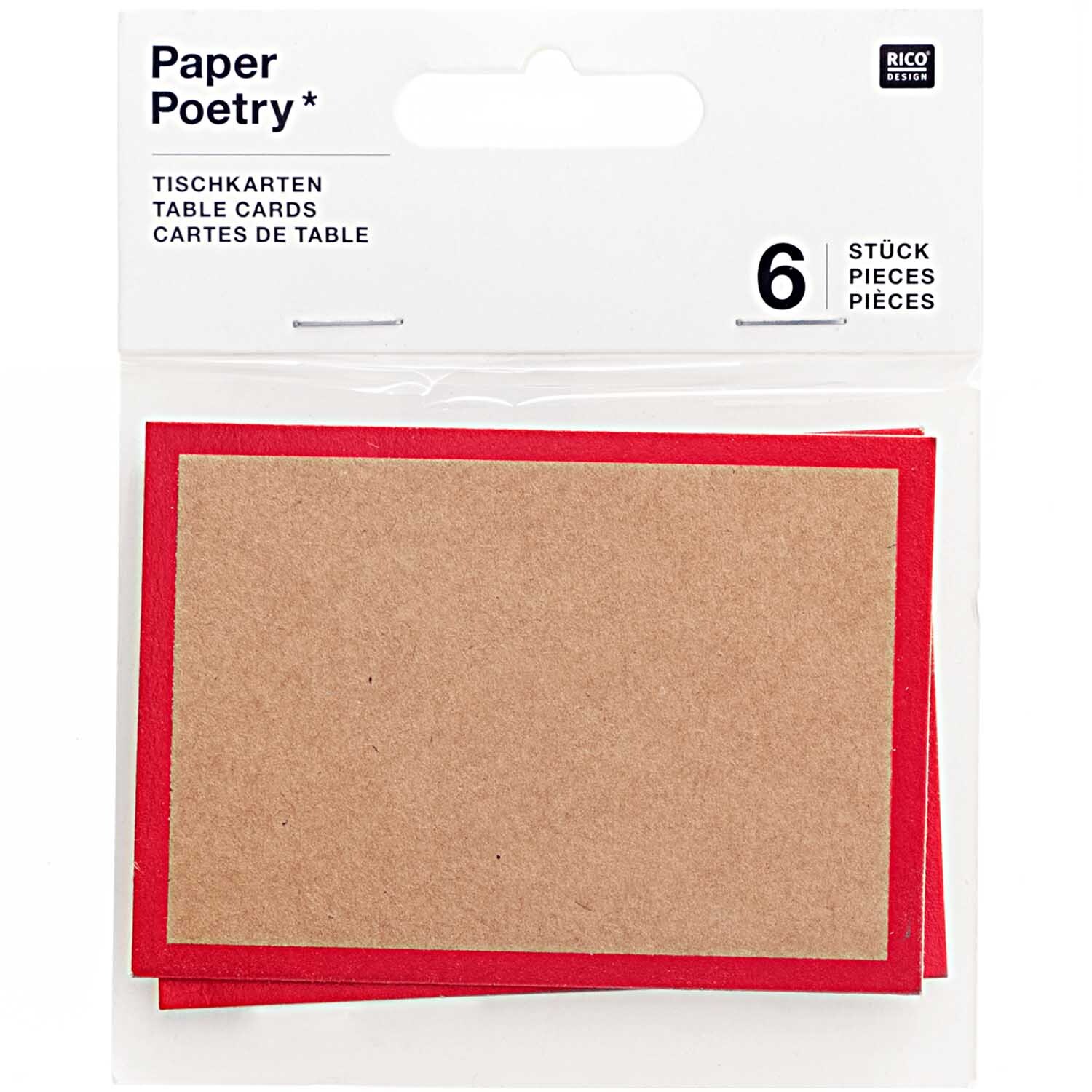 Paper Poetry Tischkarten mit Hot Foil 9x12,7cm 6 Stück Farbe Kraftpapier-Rot von Rico Design Paper Poetry Tischkarten, 6 Stück, aus Kraftpapier mit rotem Rand, ideal für elegante Tischdekorationen.