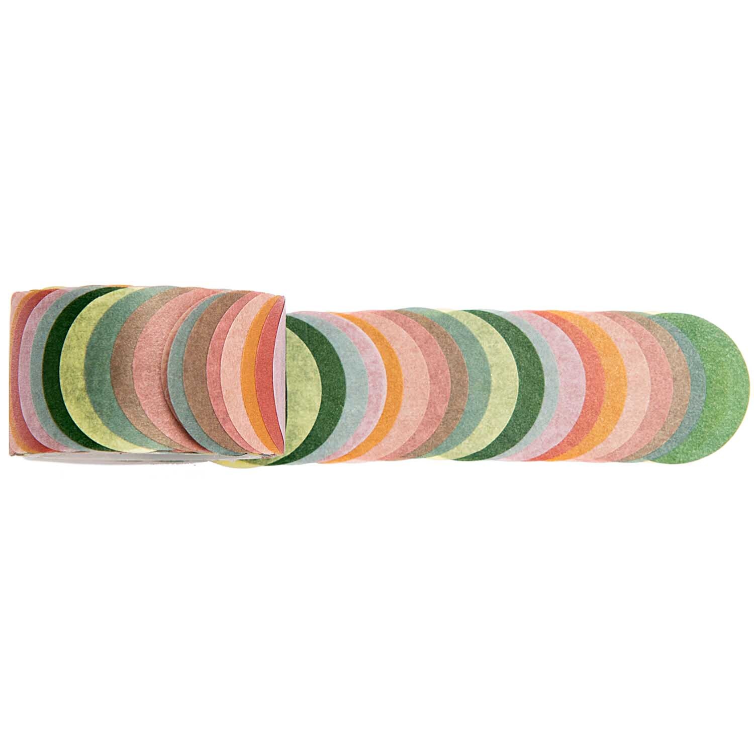 Washi Sticker Kreise 200 Stück von Rico Design in verschiedenen Farben, gestapelt und ausgebreitet. Ideal für kreative Projekte und Dekorationen.