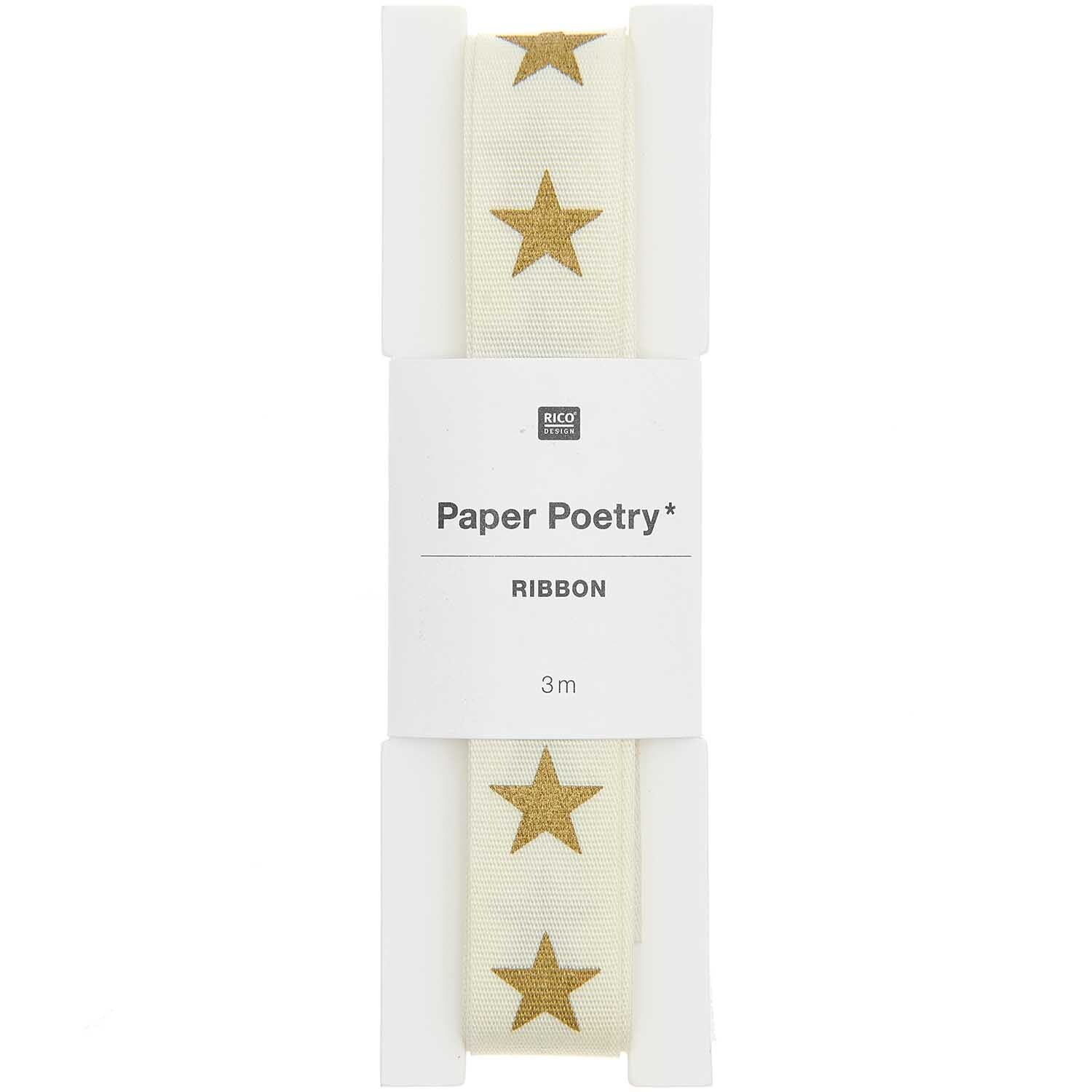 Paper Poetry Taftband Sterne 16mm 3m Farbe Offwhite Gold von Rico Design Paper Poetry Taftband Sterne mit goldenen Sternen auf offwhite Hintergrund, 3m Länge, ideal für Dekorationen.