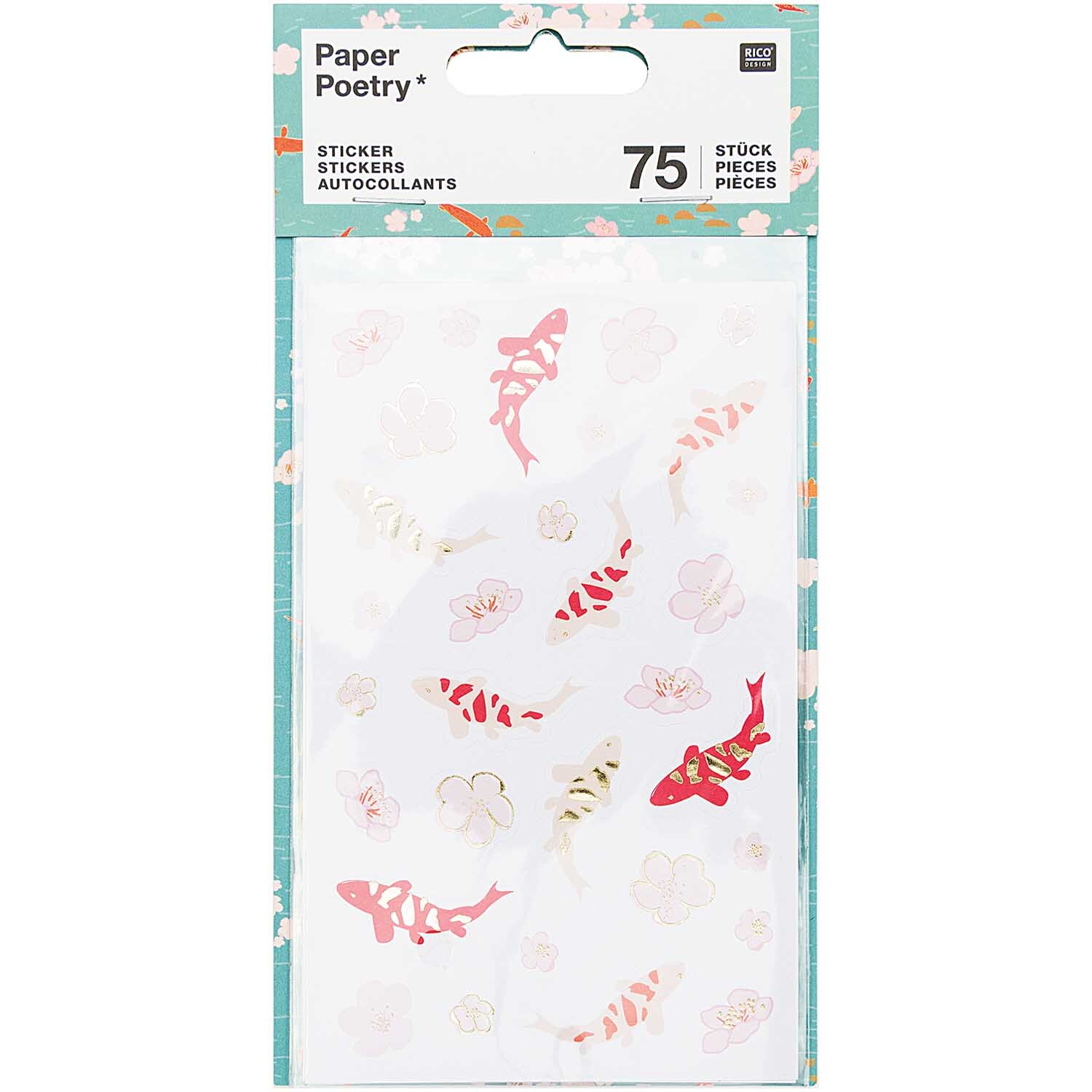 Paper Poetry Sticker Jardin Japonais Kois mit 75 Stück, zeigt bunte Koi-Fische und Blumen. Ideal für kreative Projekte.