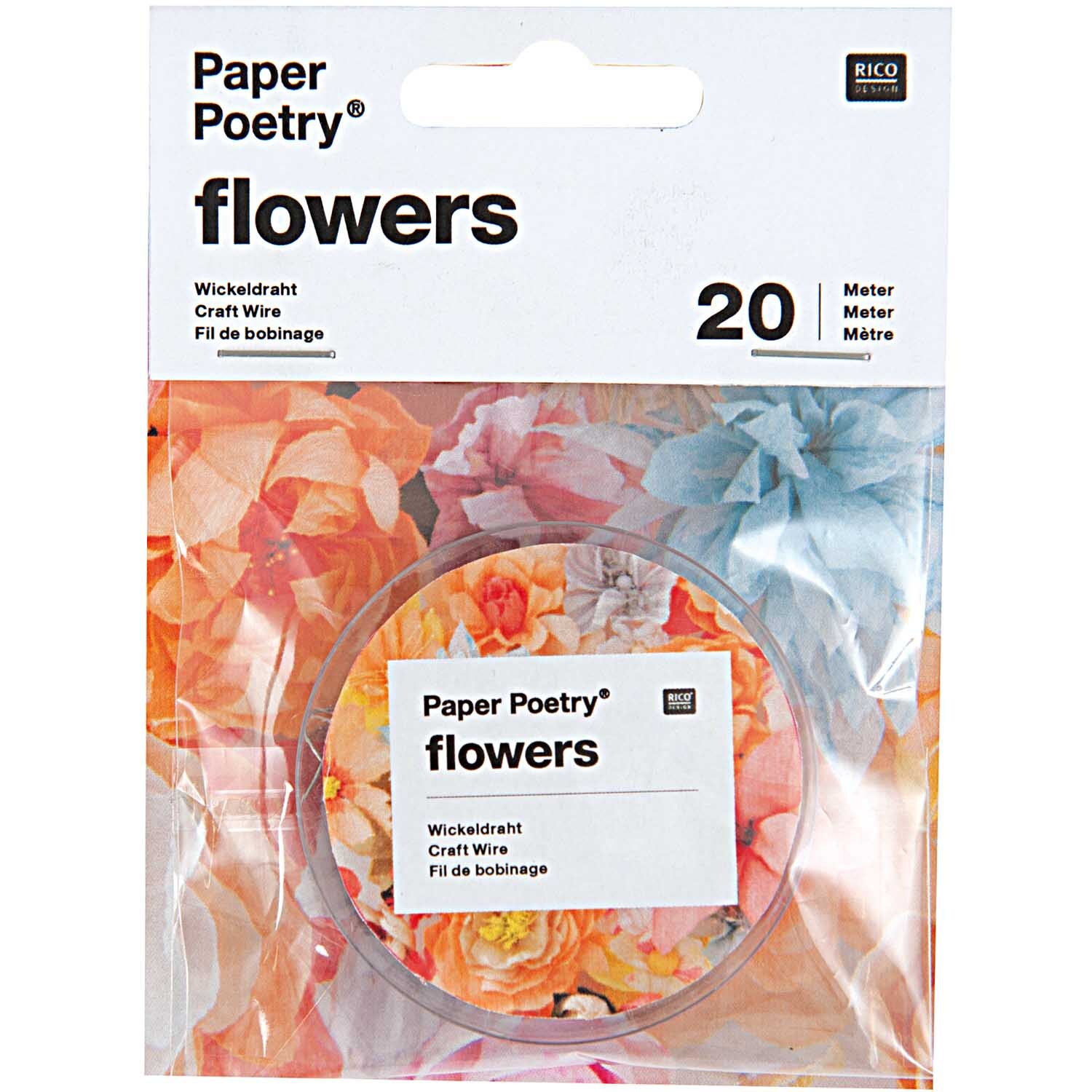 Paper Poetry Wickeldraht silber 0,4mm von Rico Design, verpackt in einer bunten Blumenverpackung.