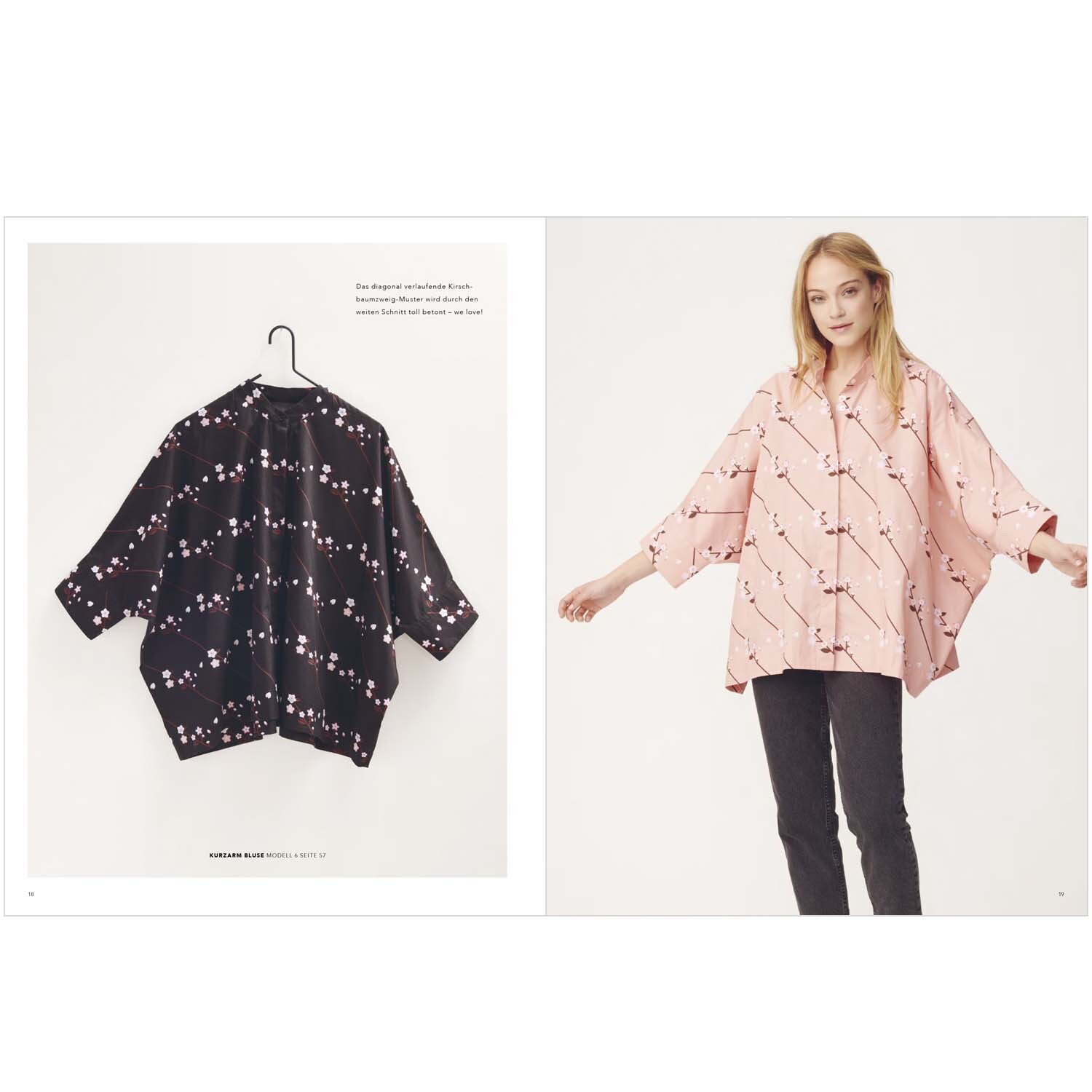 Das kleine Rico Nähbuch No. 12 Sakura Sakura von Rico Design Das Rico Nähbuch Sakura Sakura zeigt ein Modell in einer rosa Bluse mit Kirschblütenmuster und eine schwarze Bluse auf einem Bügel.