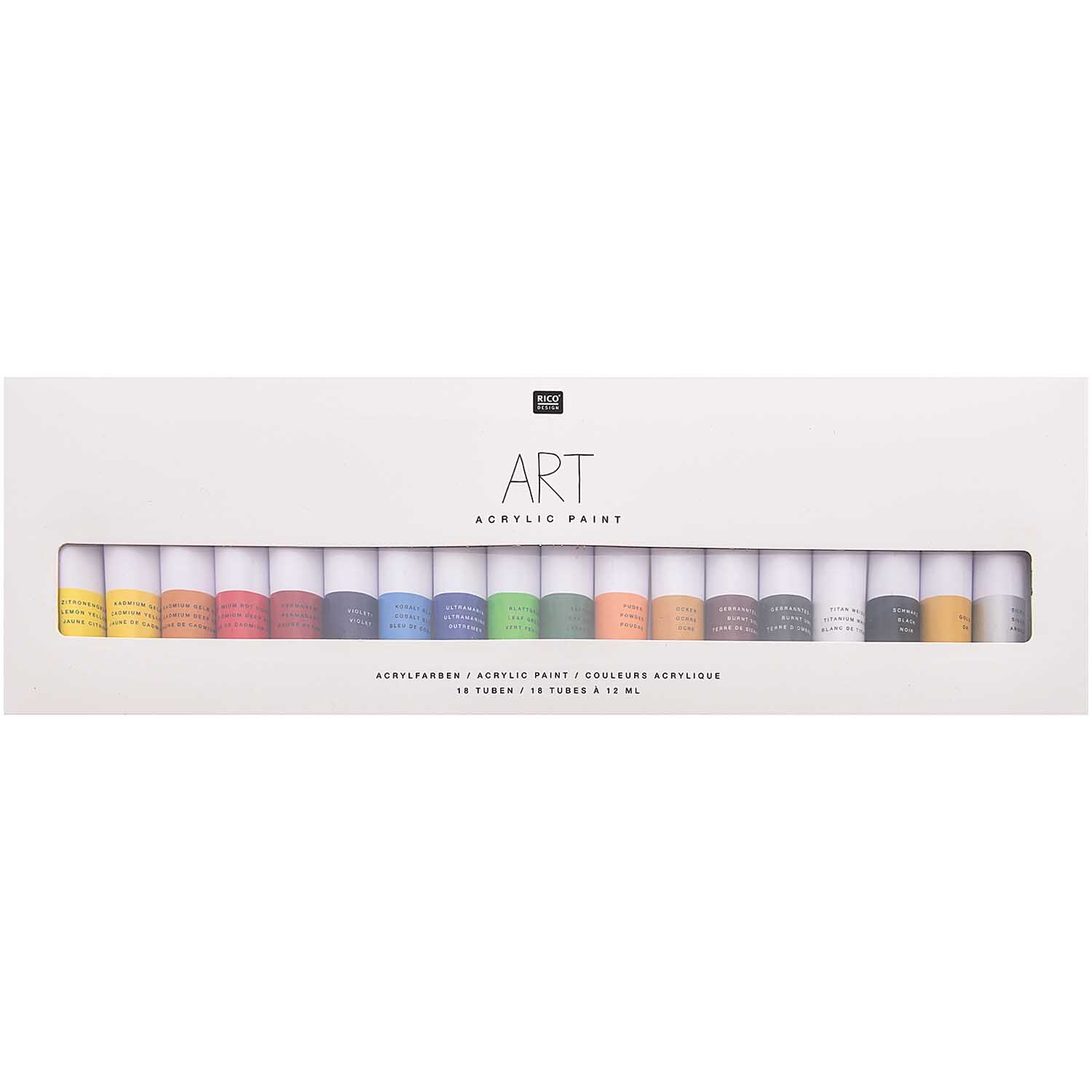 Art Künstler Acrylfarben-Set Basic 18x12ml zeigt 18 bunte Acrylfarben in einer weißen Verpackung von Rico Design.