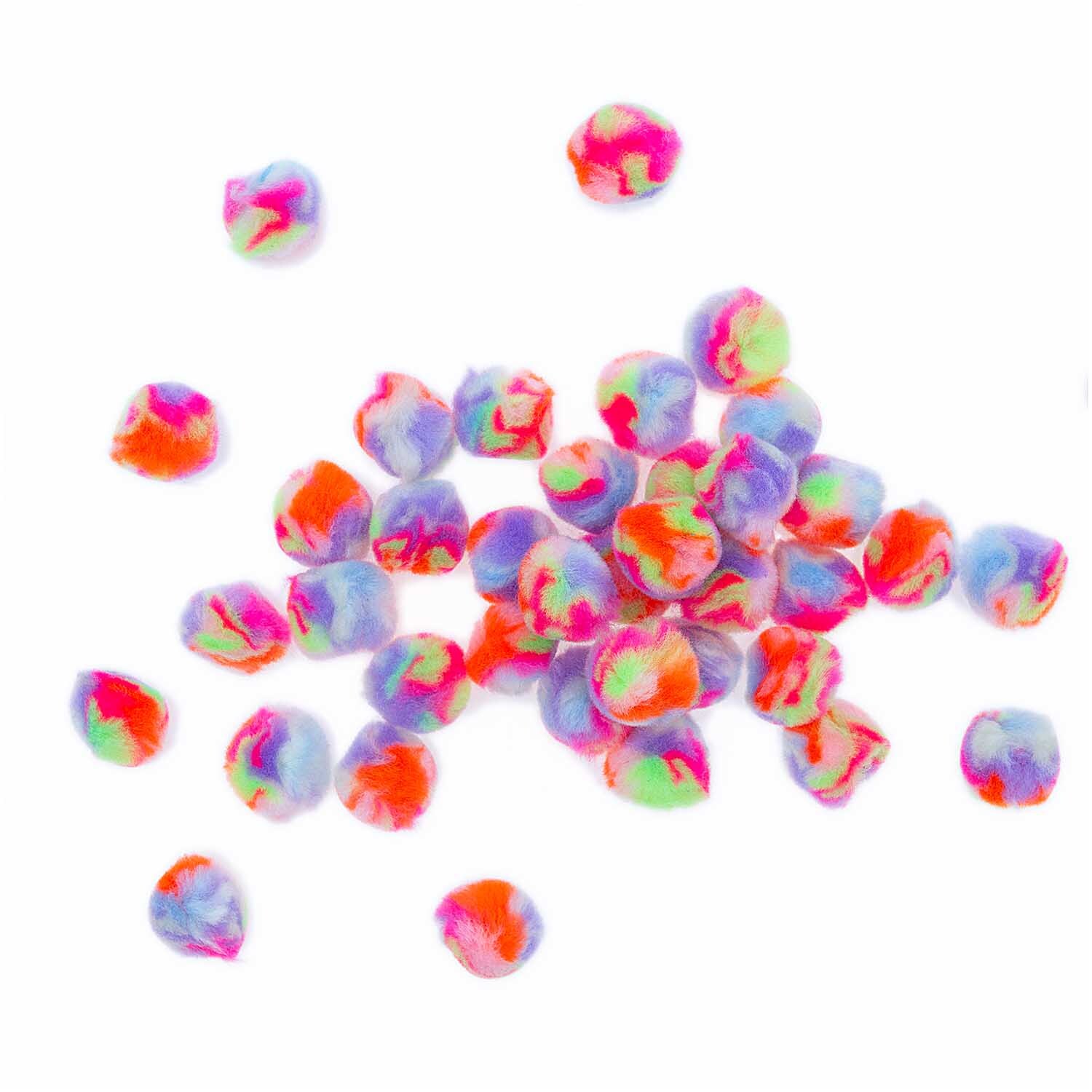 Pompons Regenbogen 25mm 40 Stück von Rico Design in leuchtenden Pastellfarben auf weißem Hintergrund.
