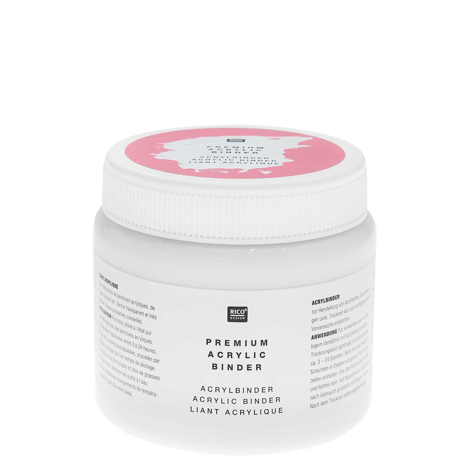 ART Premium Acrylbinder von Rico Design in weißem Behälter mit rosa Etikett, ideal für kreative Projekte.