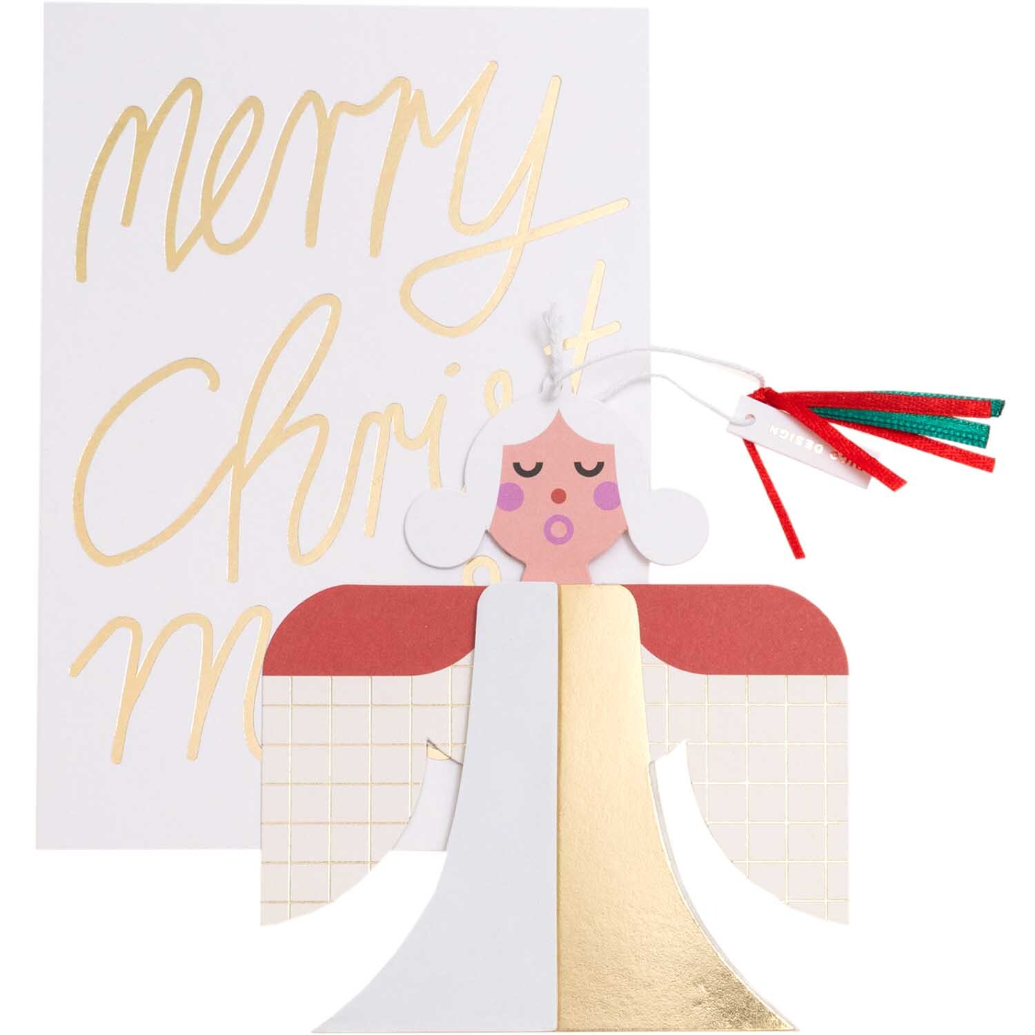 Paper Poetry Kartenset mit Pop-Up Anhänger Engel B6 von Rico Design Paper Poetry Kartenset mit Pop-Up Anhänger Engel B6 zeigt einen Engel vor einer Karte mit "Merry Christmas" in goldener Schrift.