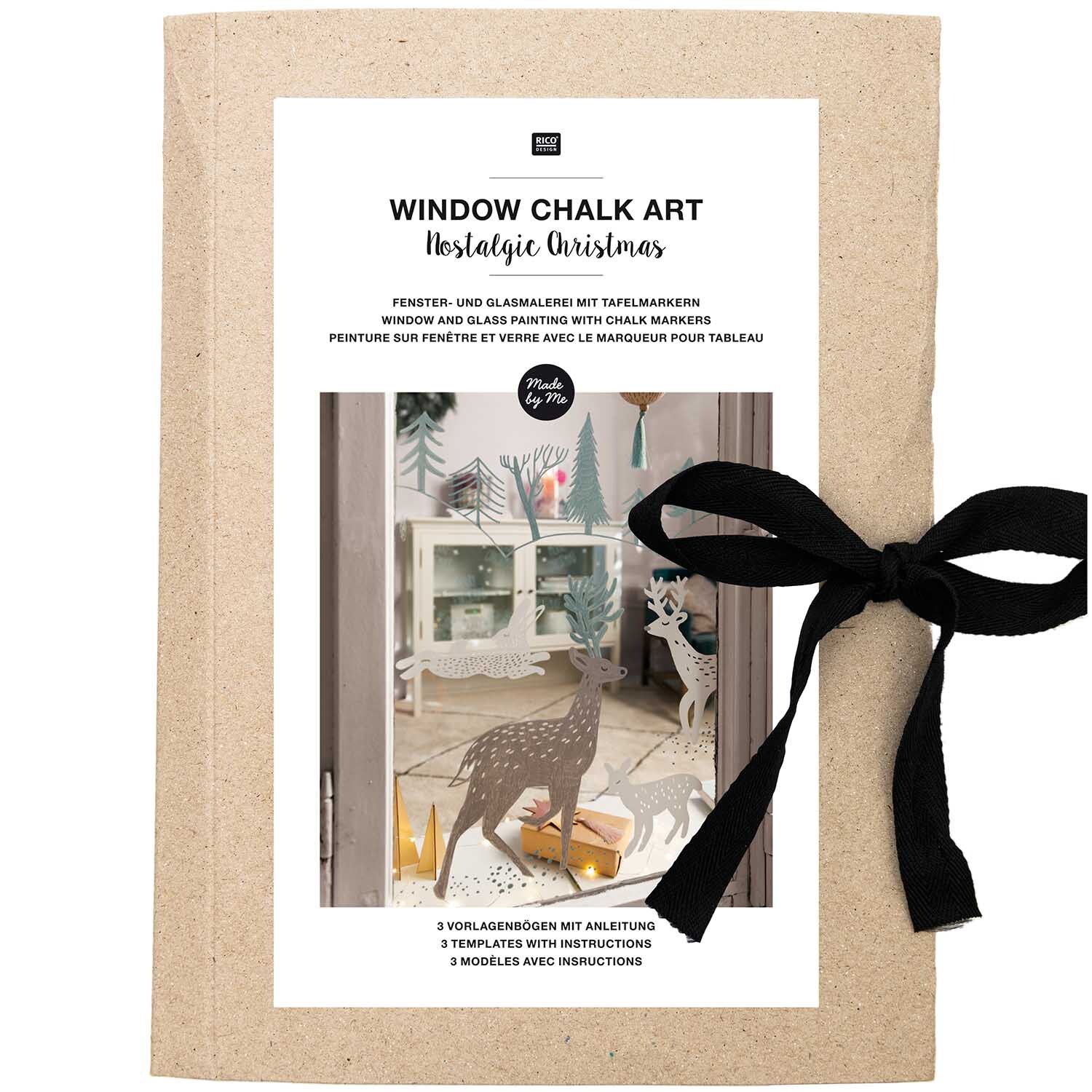 Vorlagenmappe Nostalgic Christmas für Fenster- und Glasmalerei mit Kreidestiften, zeigt ein nostalgisches Design mit Hirschmotiv und Schleife.