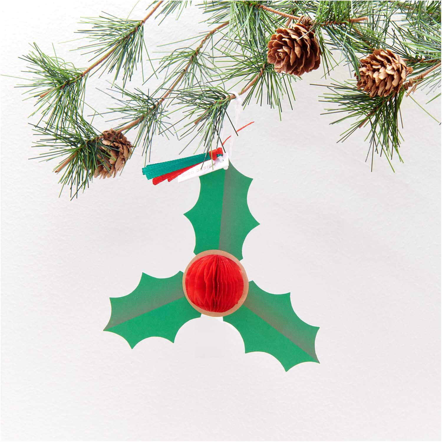 Paper Poetry Kartenset mit Pop-Up Anhänger Ilex B6 von Rico Design Paper Poetry Kartenset mit Pop-Up Anhänger Ilex B6 von Rico Design zeigt grünen Ilex-Anhänger an Tannenzweig.