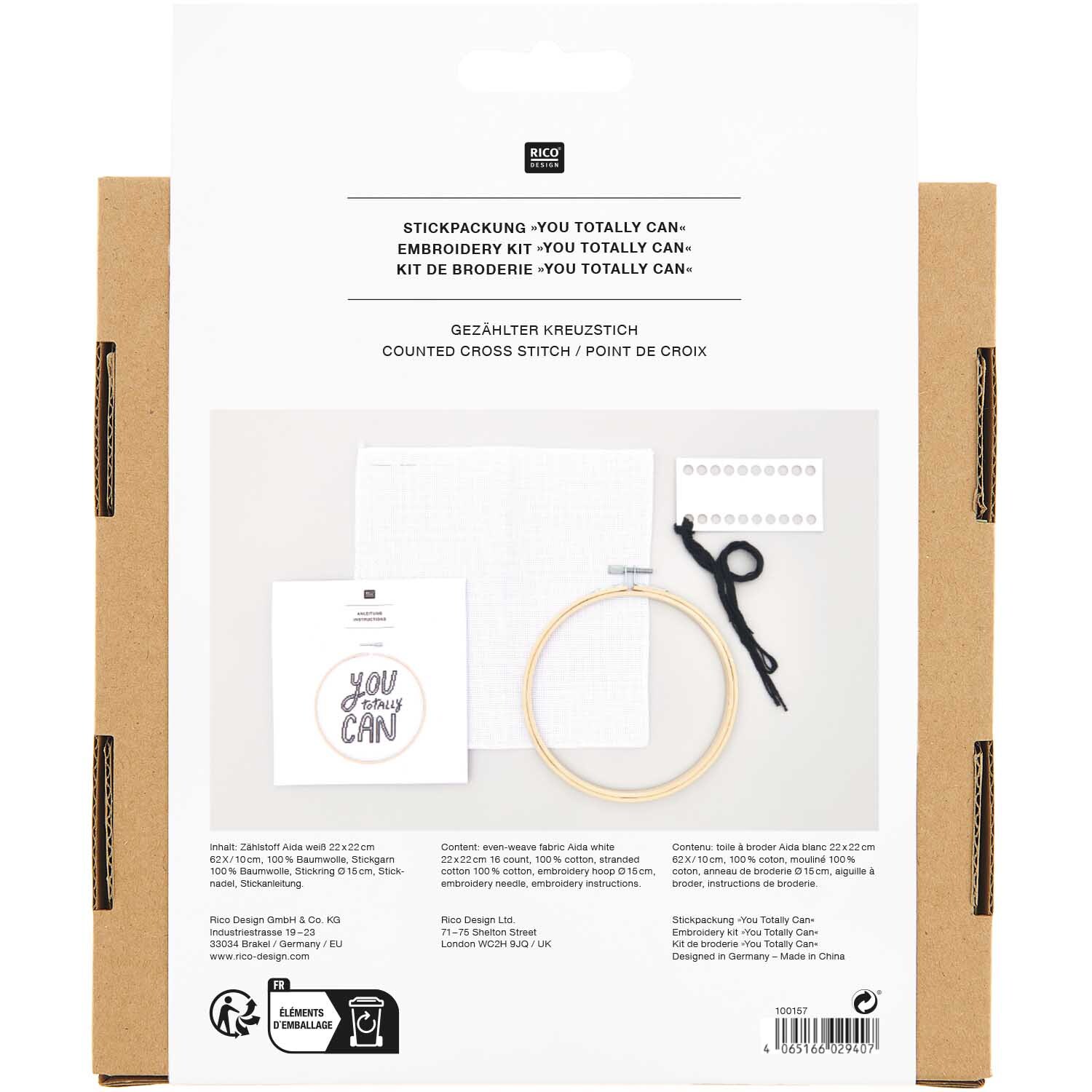 Stickpackung Bild You Totally Can Ø15cm von Rico Design, mit Stickrahmen und Garn auf weißem Hintergrund.