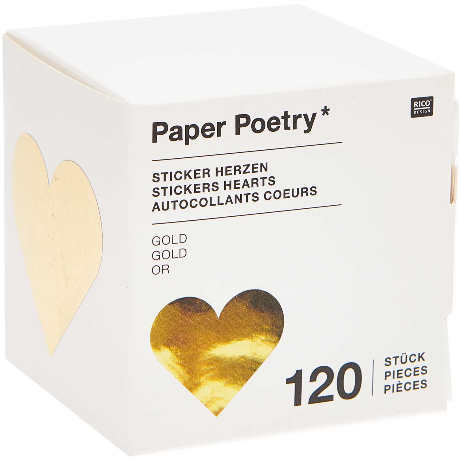 Paper Poetry Sticker Herzen 5cm 120 Stück auf der Rolle Hot Foil Farbe Gold von Rico Design Paper Poetry Sticker Herzen auf Rolle, goldene Herzsticker von Rico Design, 120 Stück in Box.