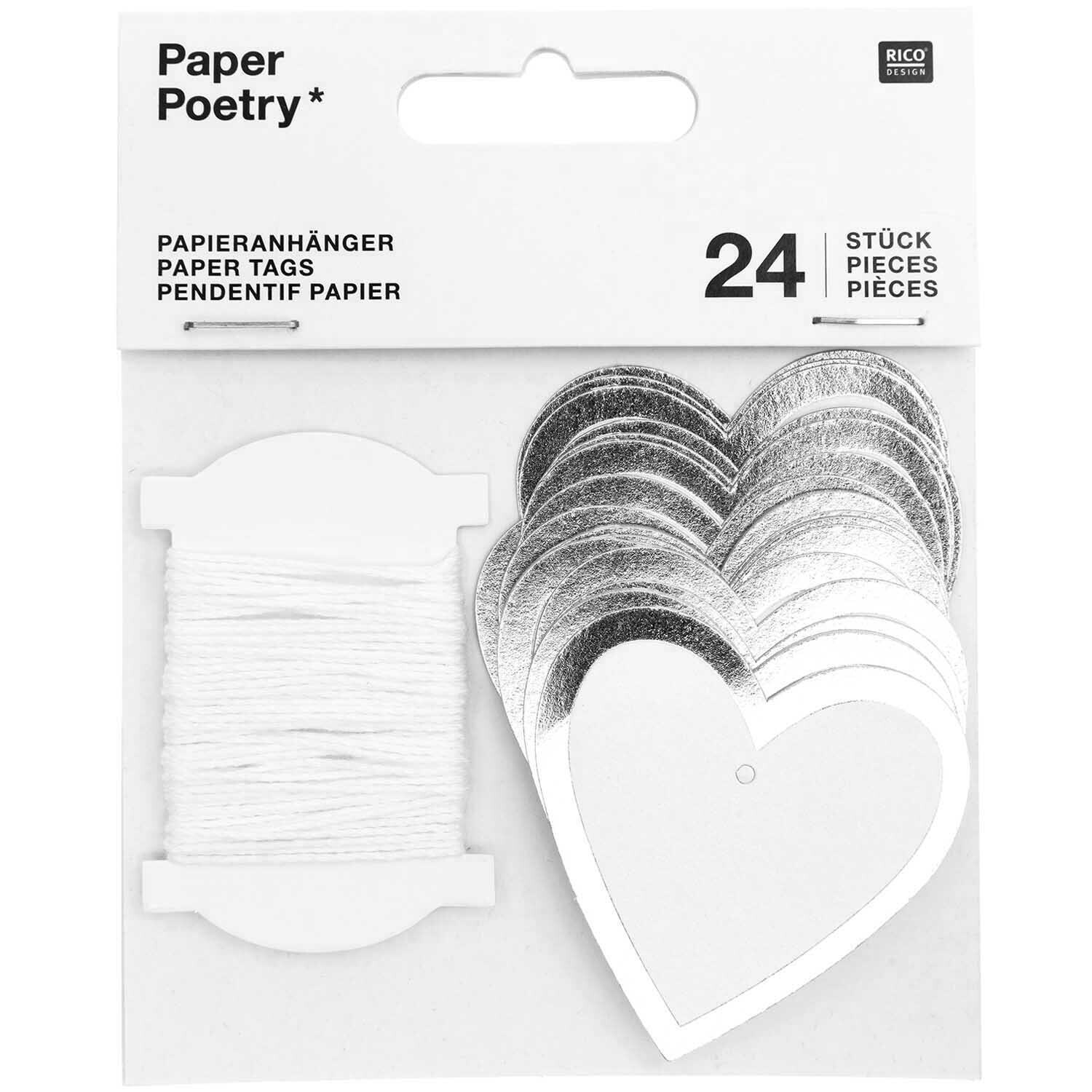 Paper Poetry Papieranhänger Herzen M 24 Stück Farbe Weiß-Silber von Rico Design Paper Poetry Papieranhänger Herzen M, 24 Stück, in Herzform, weiß-silber, von Rico Design.