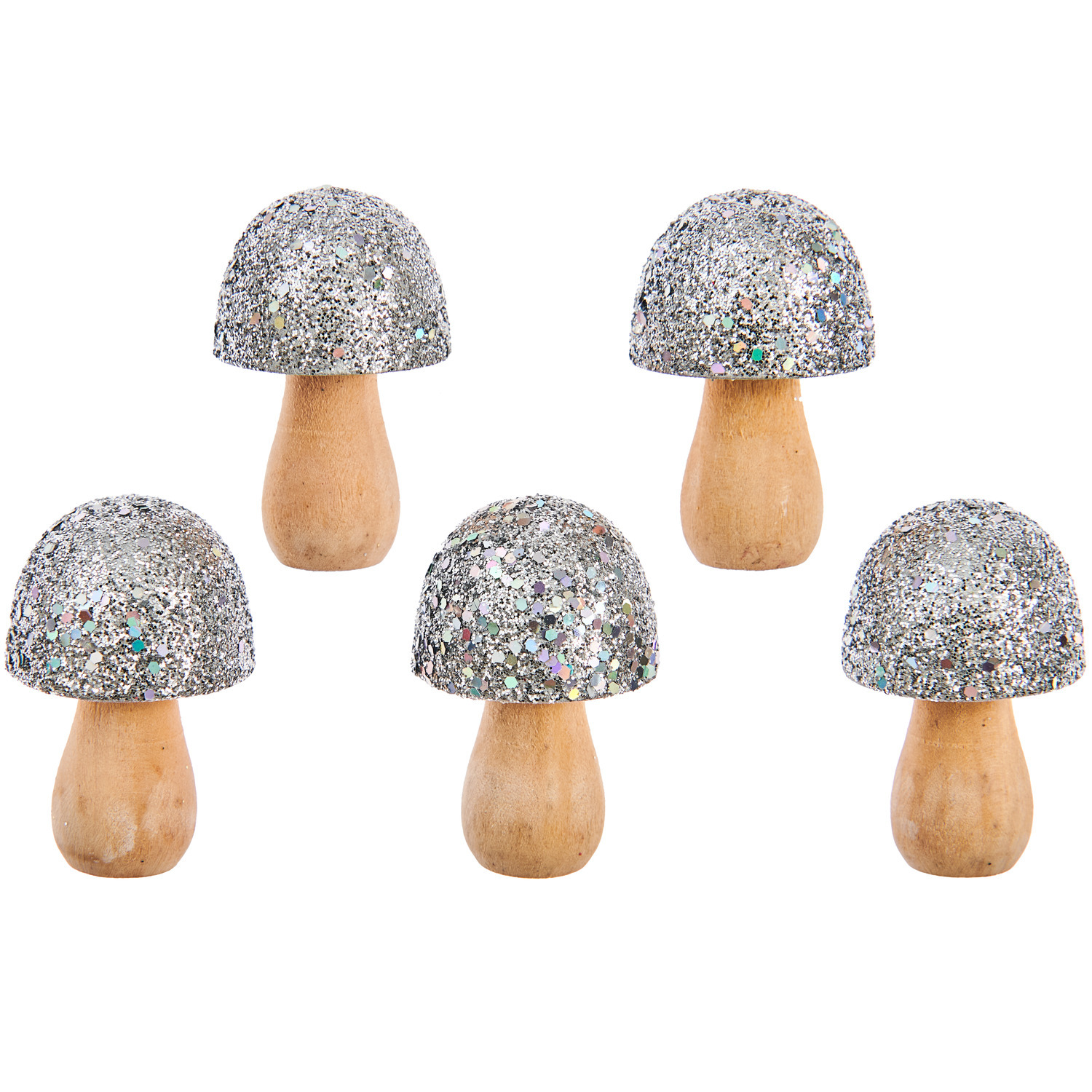 Kleine Holz Pilze Glitter/Irisierend, 5 Stück, 3,5x2,4cm. Silberne Glitzerkappen, naturbelassene Stiele. Ideal für Dekorationen.