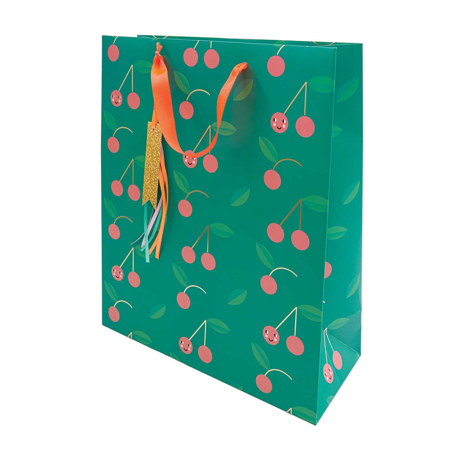 Paper Poetry Geschenktüte mit Kirschenmuster und orangefarbenen Bändern, ideal für Geburtstagsgeschenke. Marke: Rico Design.