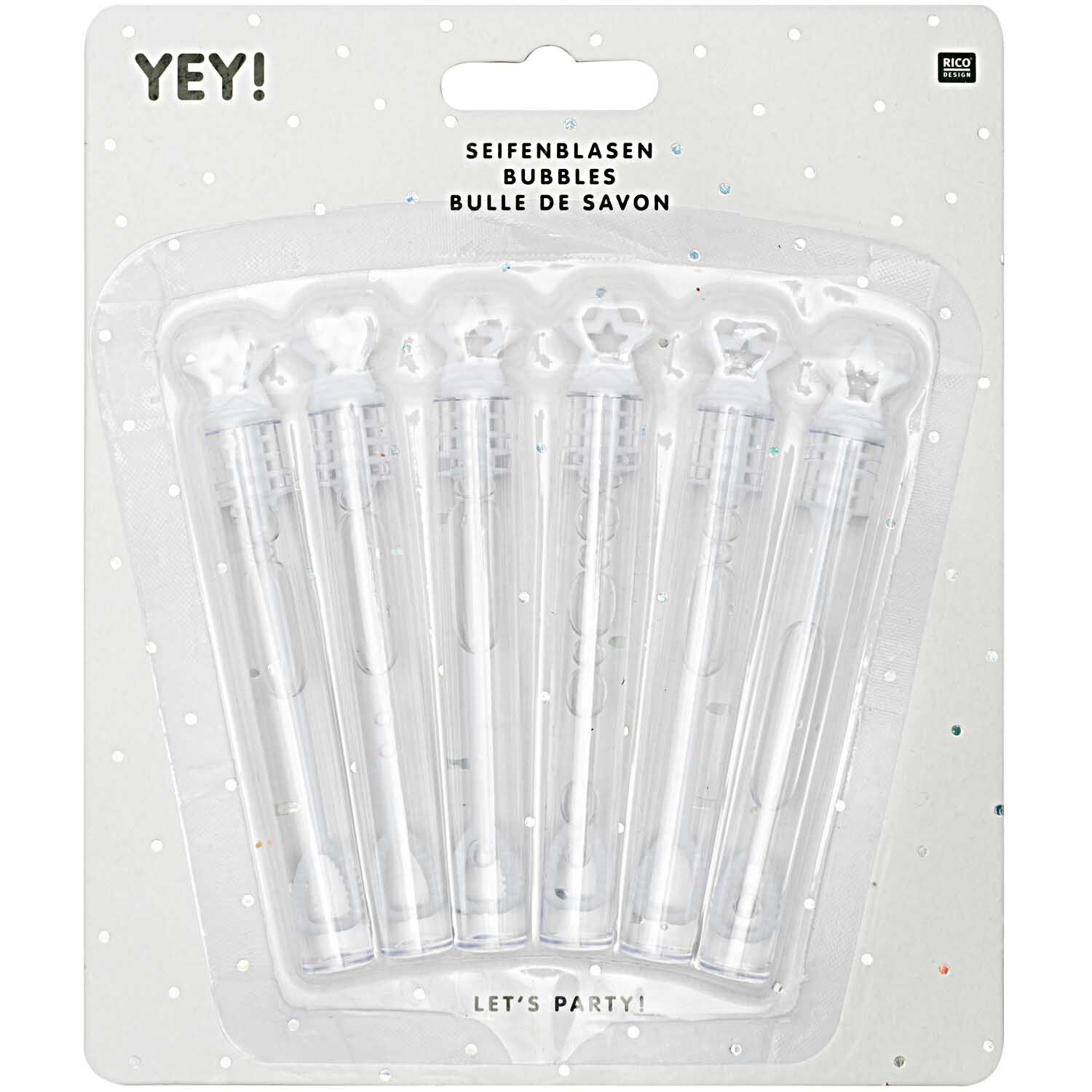 Seifenblasen 6 Stück in transparenter Verpackung von Rico Design, ideal für Partys und Feiern.