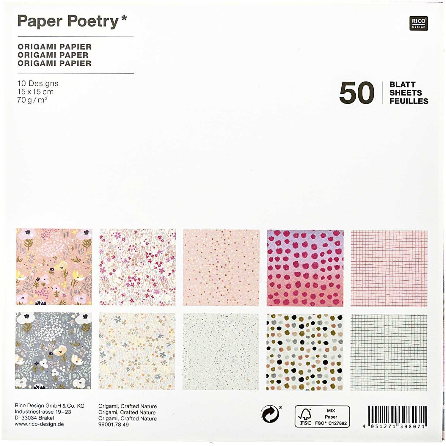 Paper Poetry Origami Crafted Nature 15x15cm 50 Blatt zeigt zehn bunte Origami-Papierdesigns von Rico Design. Ideal für kreative Bastelprojekte.