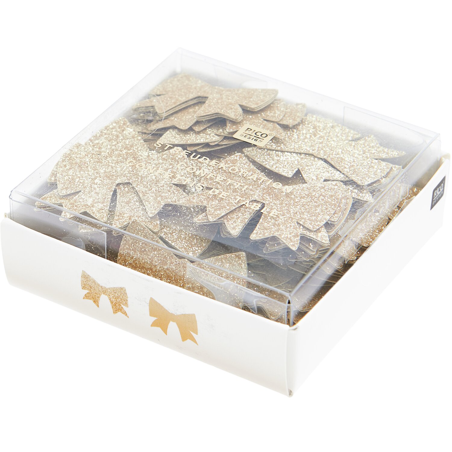 Streudekoration Schleifen Glitzer 20g 30x25mm Farbe Gold von Rico Design Streudekoration Schleifen Glitzer, 20g, 30x25mm, in einer transparenten Box von Rico Design. Ideal für festliche Dekorationen.
