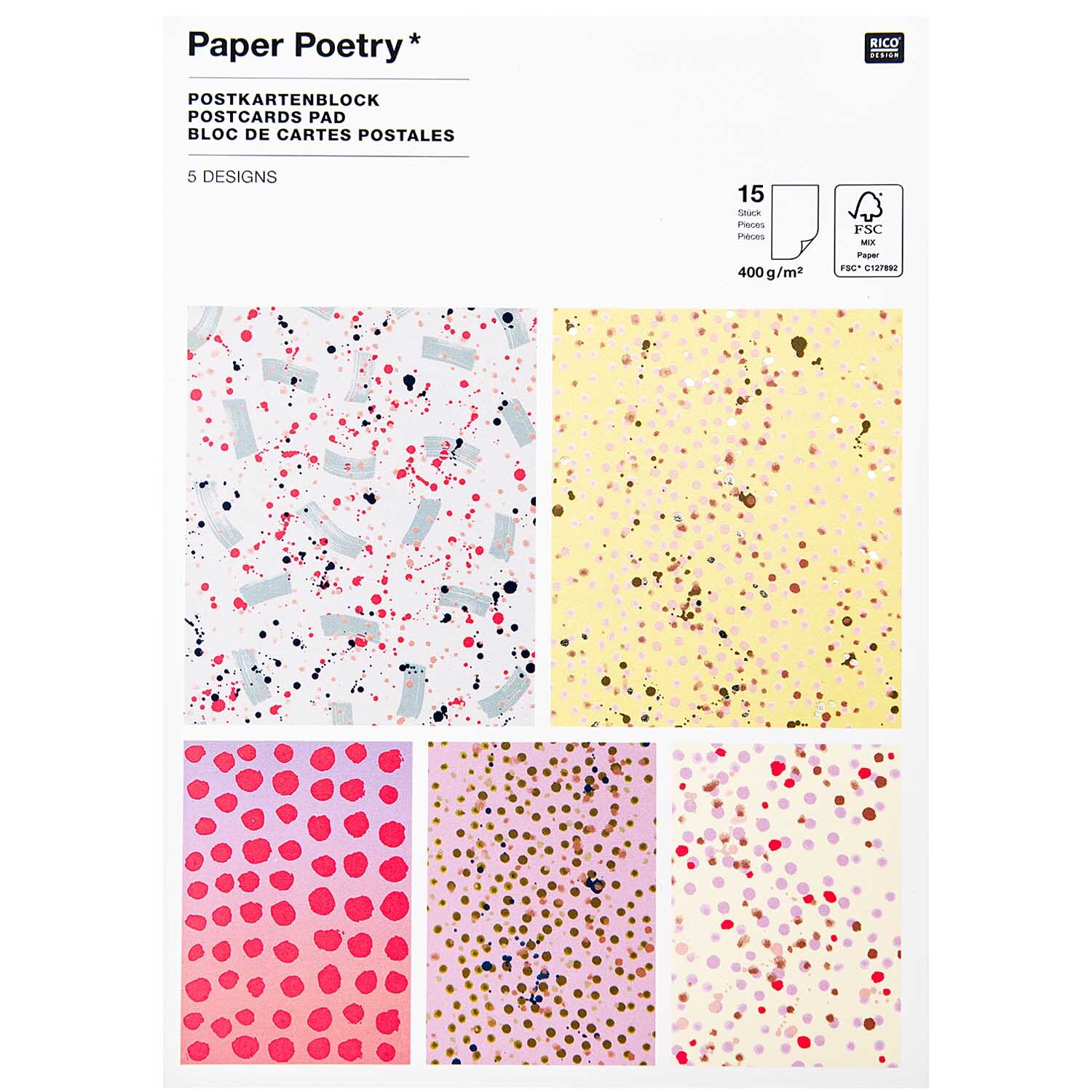Paper Poetry Postkartenblock Crafted Nature mit 15 mehrfarbigen Designs von Rico Design.