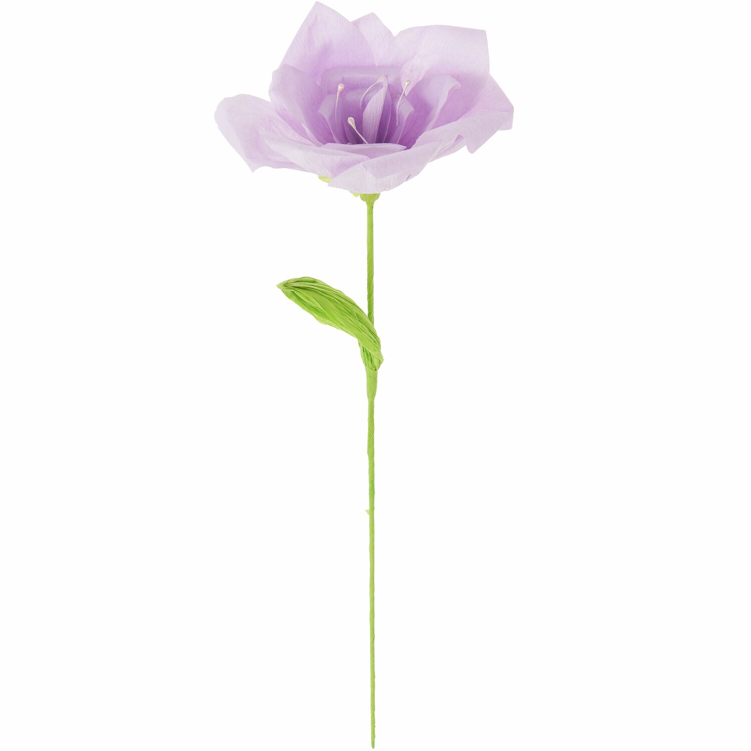 Papierblume Rose Lila von Rico Design: Eine zarte, lilafarbene Blume mit grünem Stiel und Knospe, 54x17cm groß.