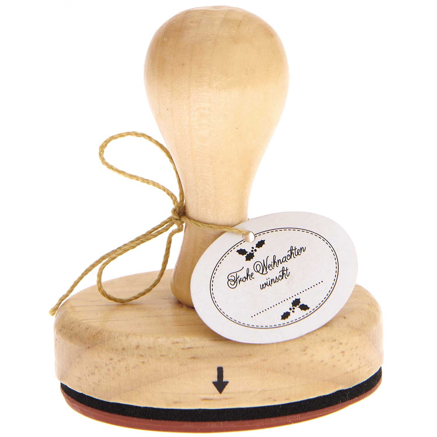 Stempel Frohe Weihnachten 5x7cm oval aus Holz mit rundem Griff, von Rico Design, ideal für festliche Bastelprojekte.