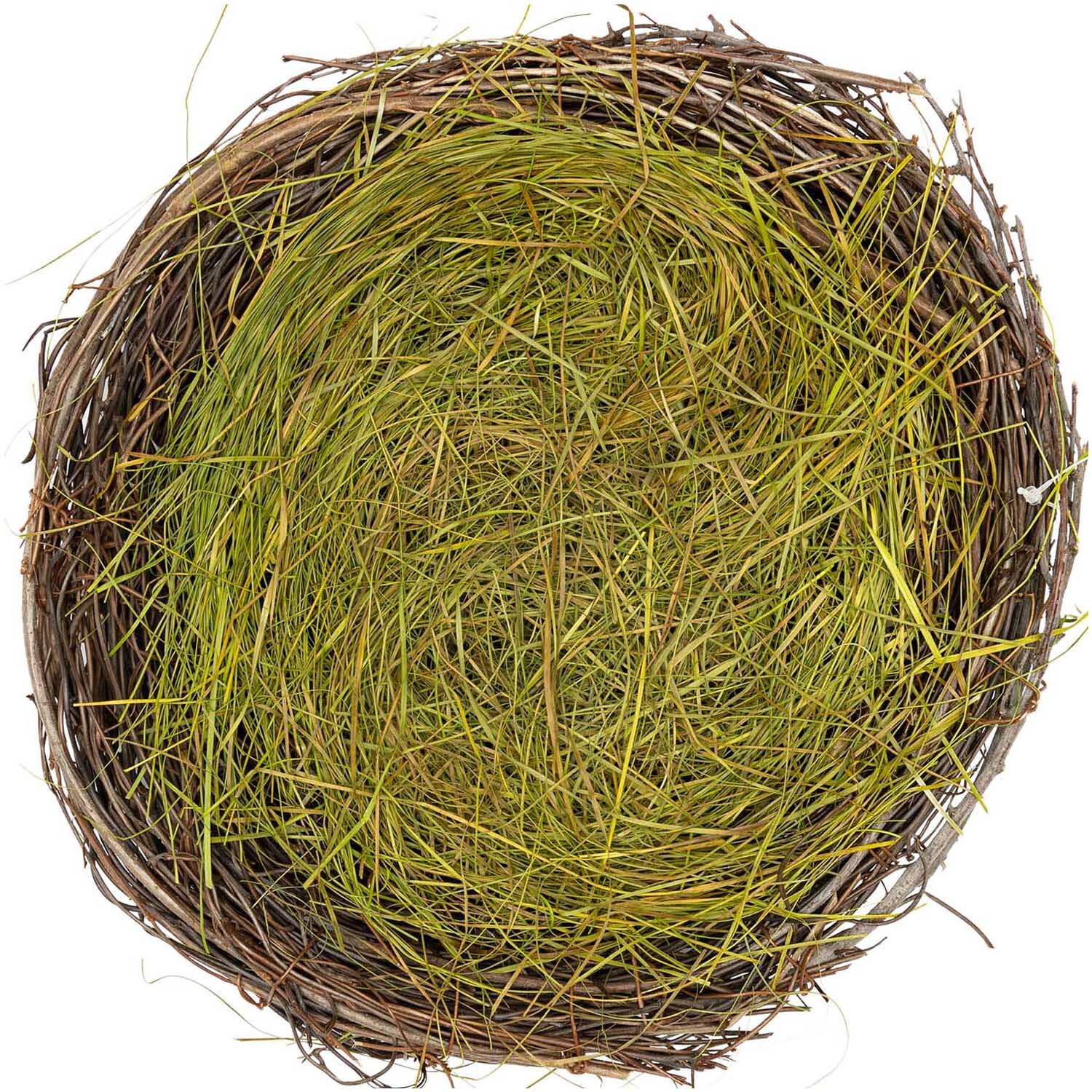 Naturnest mit Ostergras 25cm von Rico Design, zeigt ein rundes Nest aus braunen Zweigen und grünem Gras.