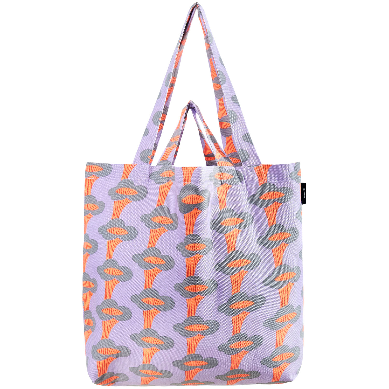 Canvas-Shopper Pfifferlinge Neon Flieder mit buntem Pilzmuster, 38x40x13cm, von Rico Design.