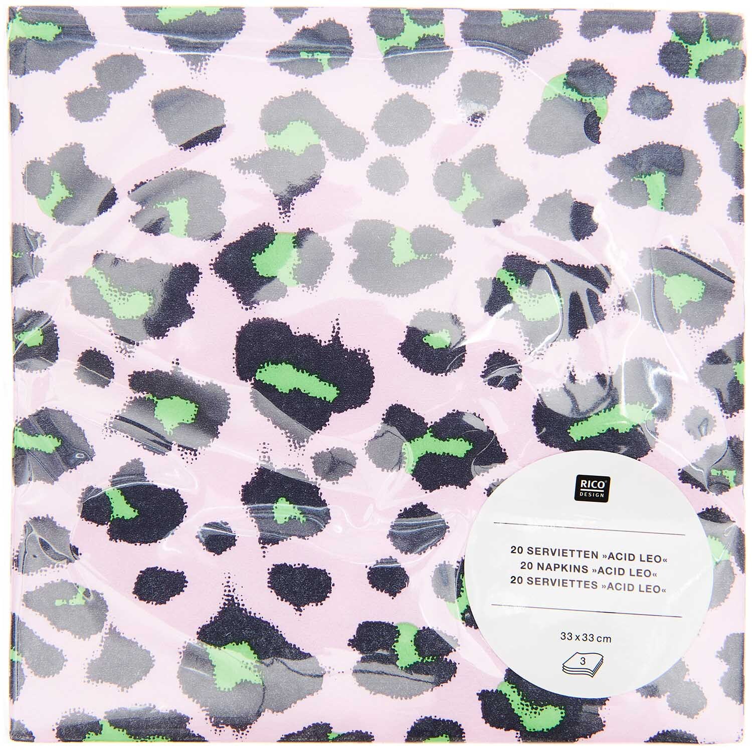 Servietten Acid Leo rosa-grün 33x33cm 20 Stück von Rico Design