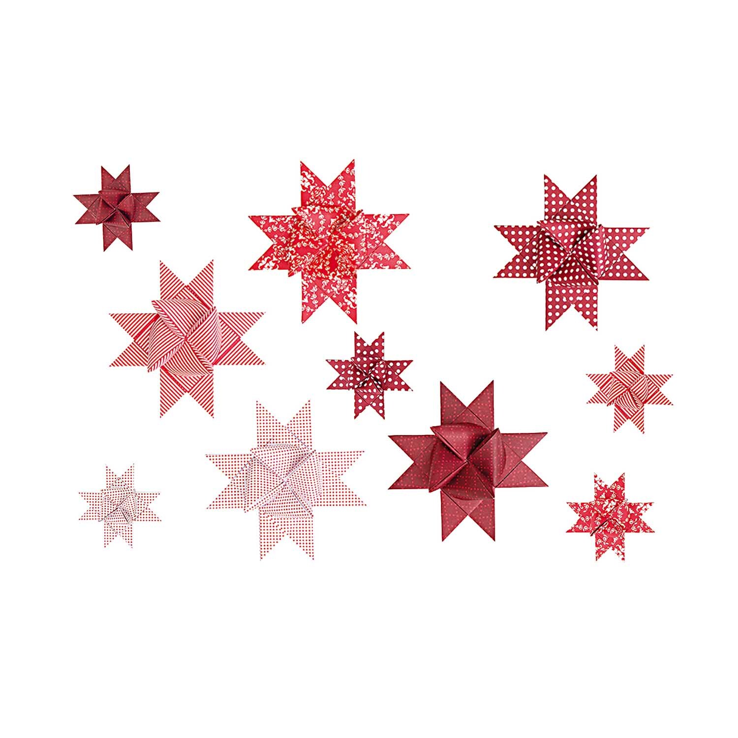 Paper Poetry Fröbelstreifen rot-weiß mix 60 Stück: Verschiedene rote und weiße Fröbelsterne von Rico Design auf weißem Hintergrund.