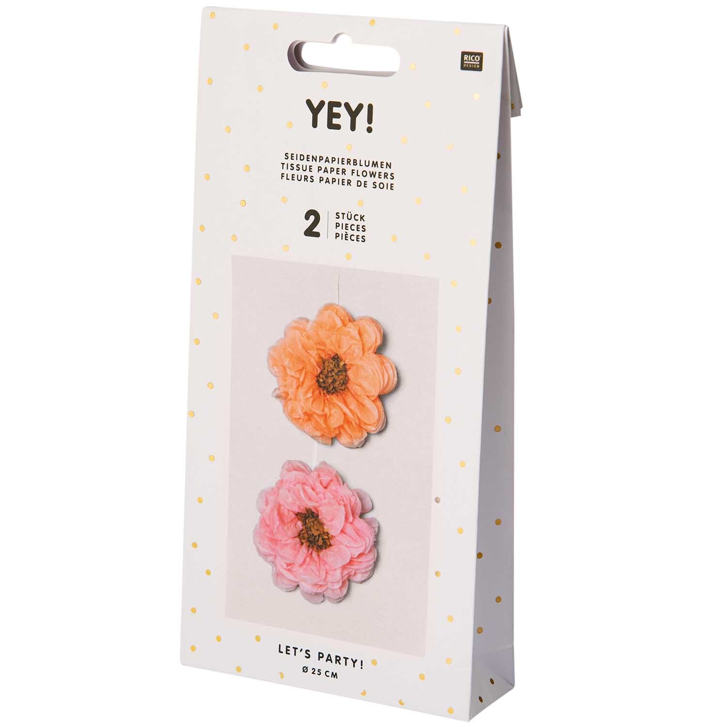 Seidenpapierblumen 25cm 2 Stück von Rico Design in Pastellfarben, verpackt in einer dekorativen Box mit zwei Blumen.