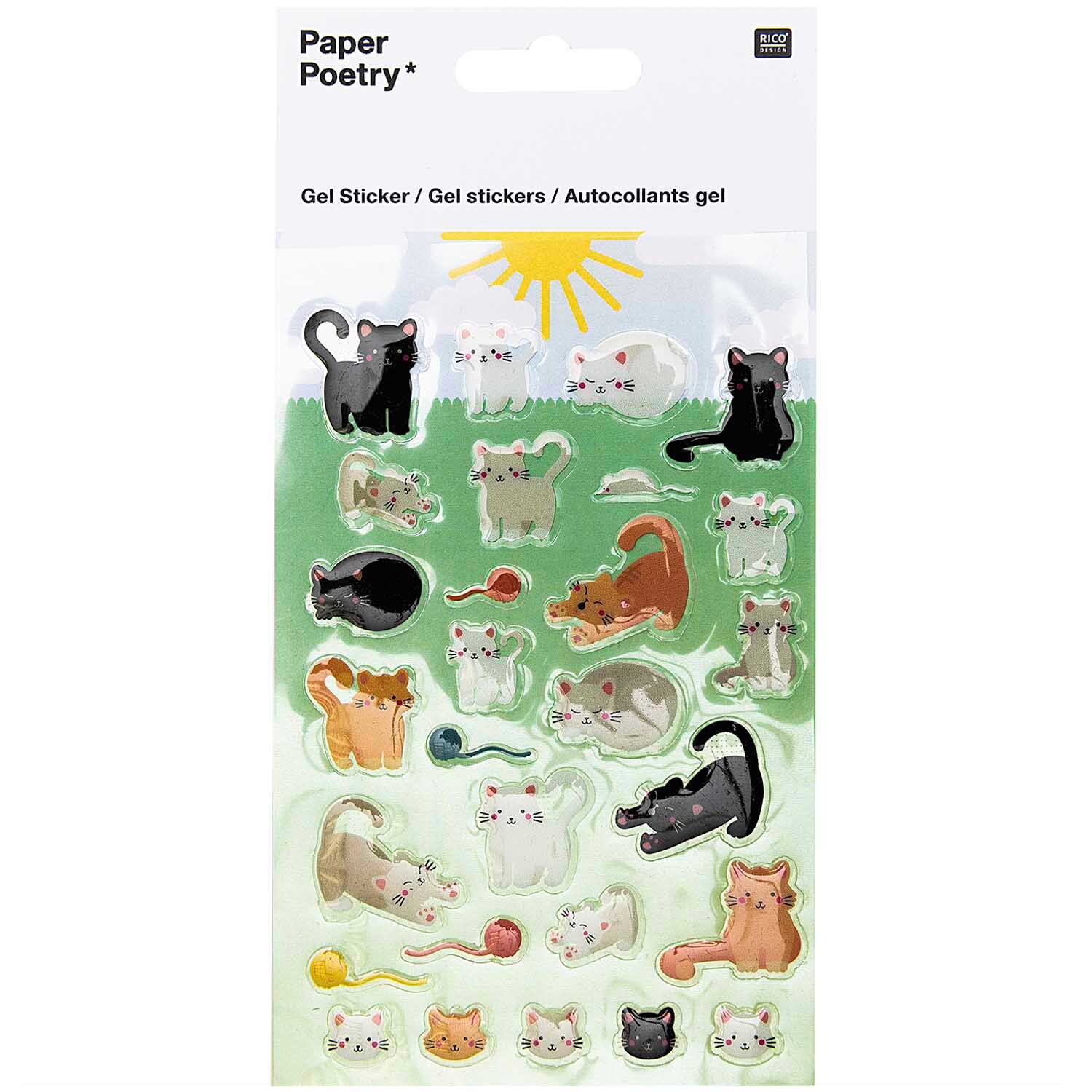 Paper Poetry Gelsticker Katzen zeigen bunte Katzen in verschiedenen Posen auf grünem Hintergrund. Ideal für kreative Projekte.